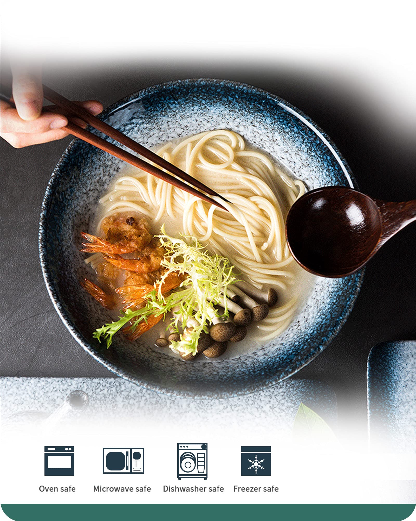 Lareina Ceramic Japanese Ramen Bowls, 2 Sets (6 Piece) 60 Ounce, Large Noodle Soup Bowl With Matching Chopsticks And Spoons For
