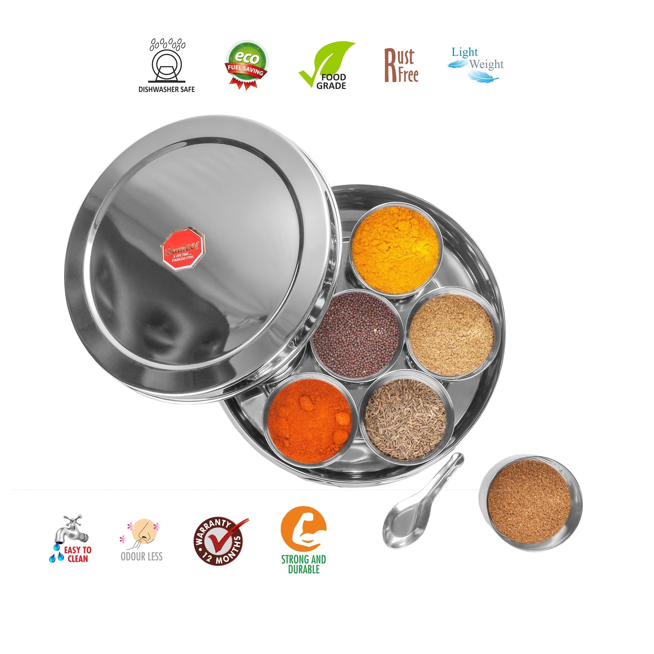 Sumeet Stainless Steel Belly Shape Masala (Spice) Box/Dabba/Organiser With 7 Containers And Small Spoon Size No. 10 (17.1Cm Dia)