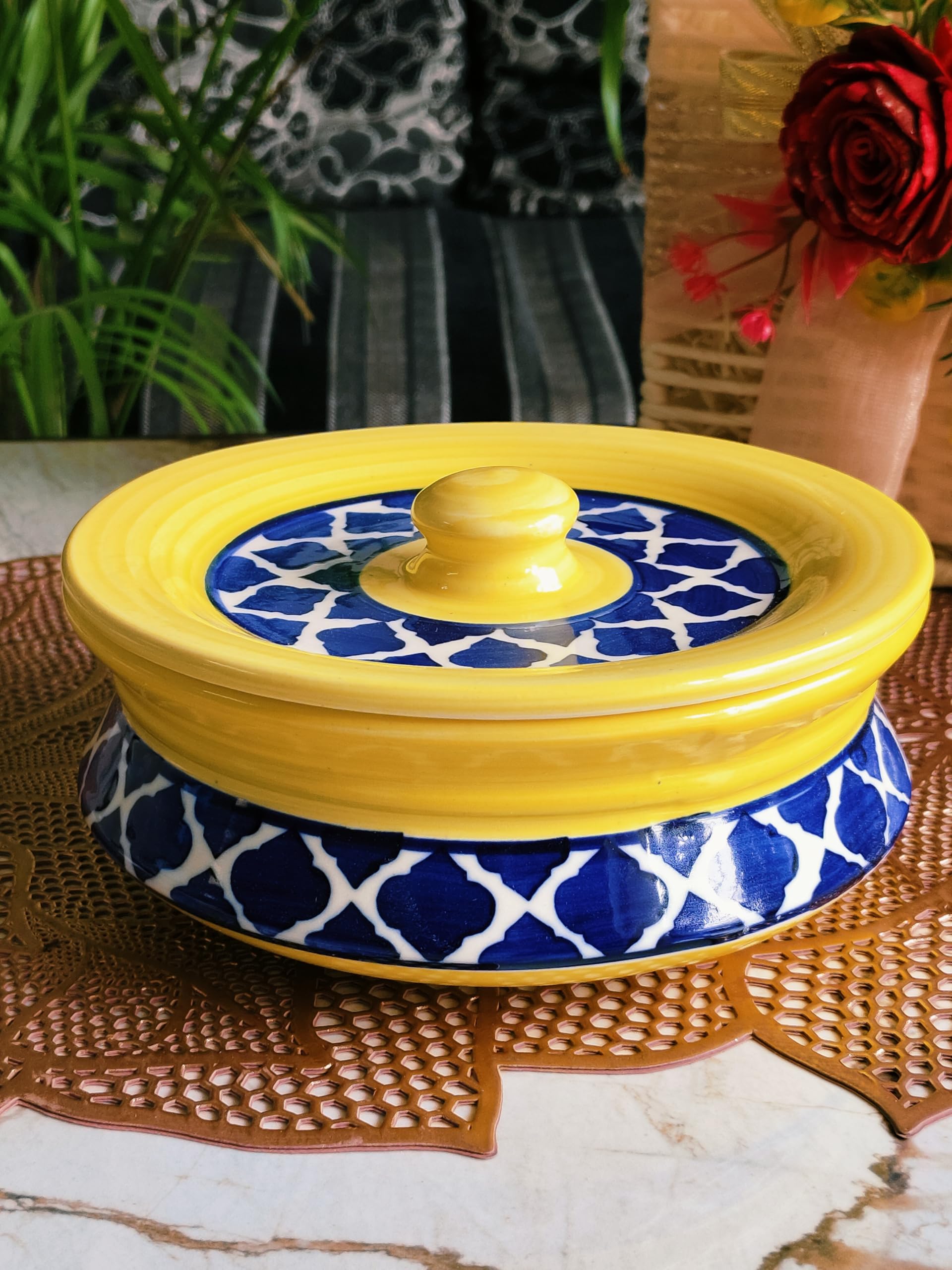 Niyara Stoneware Handmade Ceramic Handpainted Casserole/Donga Set Multipurpose Storage Ceramic Jars & Containers With Lid Kitche