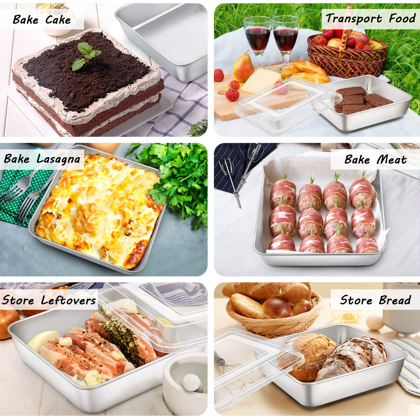 P&P Chef 8 Inch Square Baking Cake Pan With Lid, Stainless Steel Lasagna Brownie Pan And Plastic Cover For Picnic Wedding Birthd