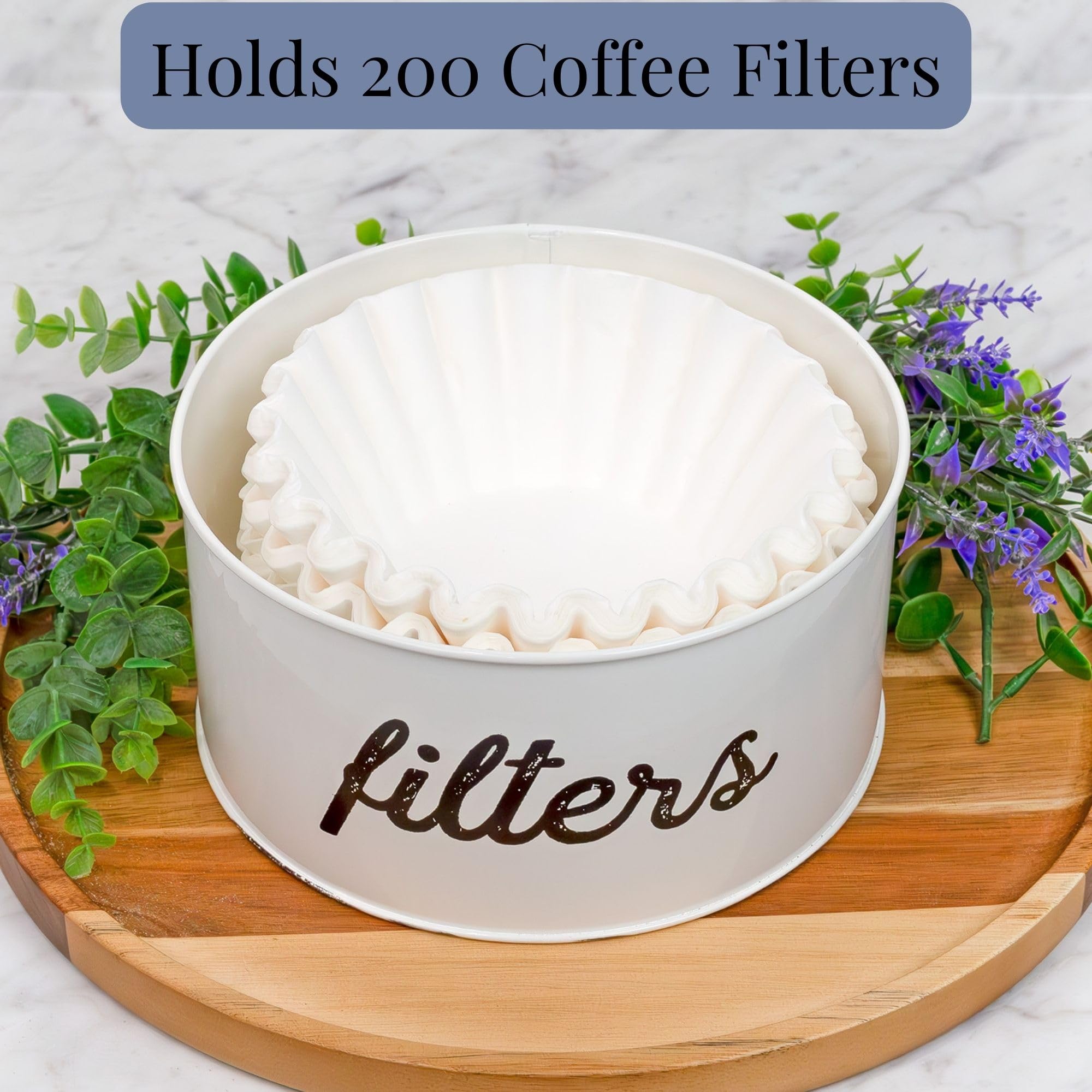 AuldHome Basket Coffee Filter Holder  White Enamel Filter Storage Container in Rustic Farmhouse Distressed Enamelware Design