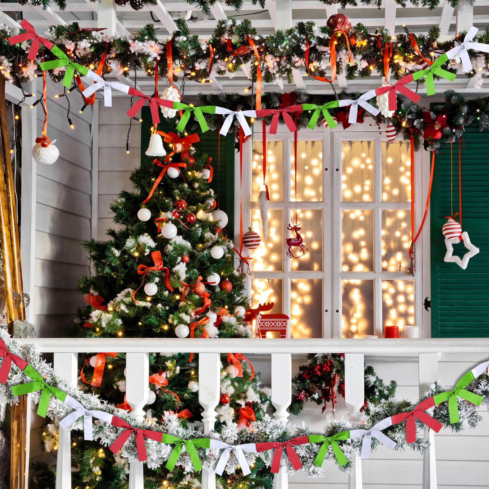 Trandraft 2 Pcs Christmas Bow Garland Banner 16.4 ft Pre-Assembled Red Green White Satin Bows Ornaments Xmas Bows Hanging Decor