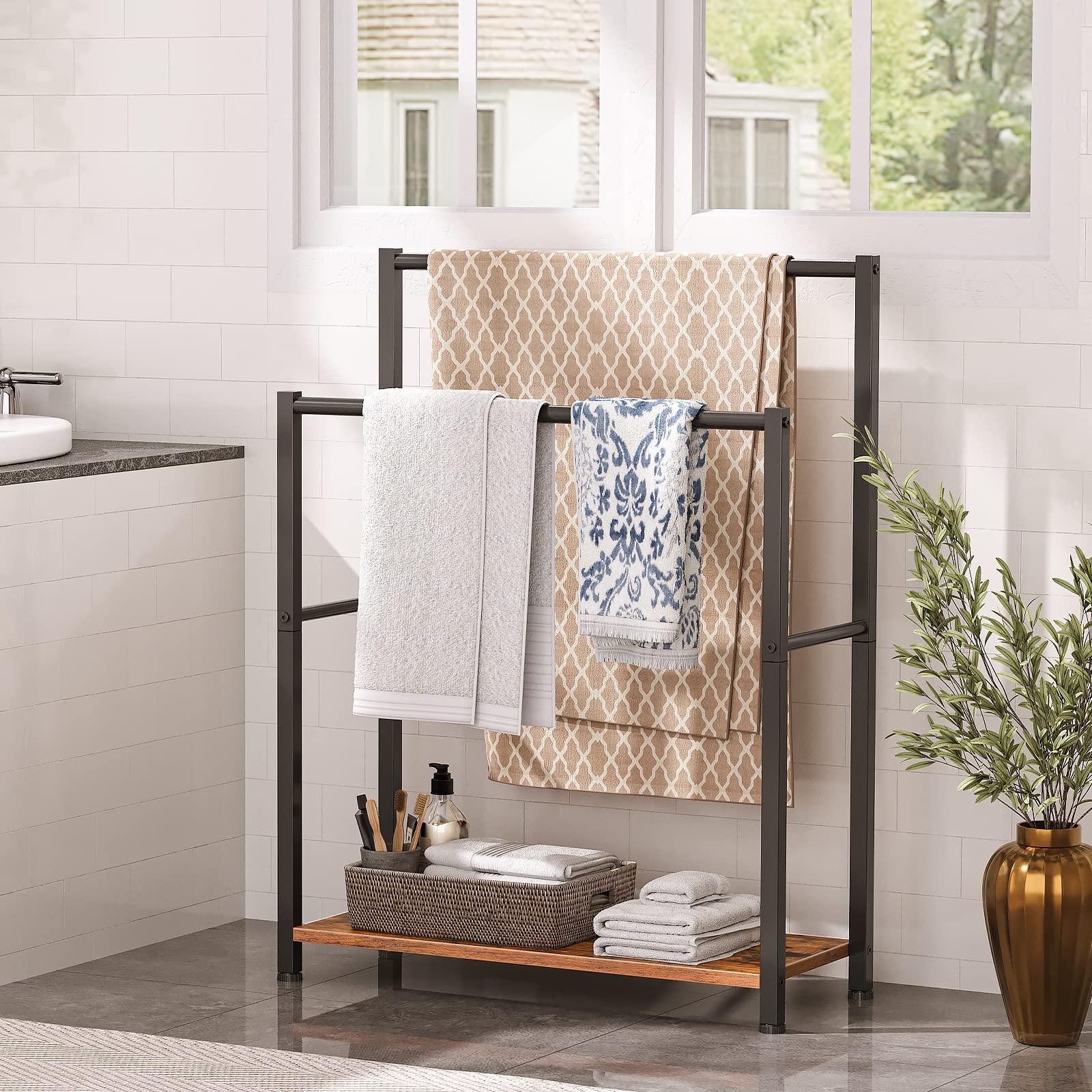 HOOBRO Freestanding Towel Rack  2 Tier Blanket Ladder Holder for Bathroom  Blanket Rack  22'' L x 9.4'' W x 31.5'' H  Industrial Drying and Display Rack with Shelf  Metal  Black BF04LB01