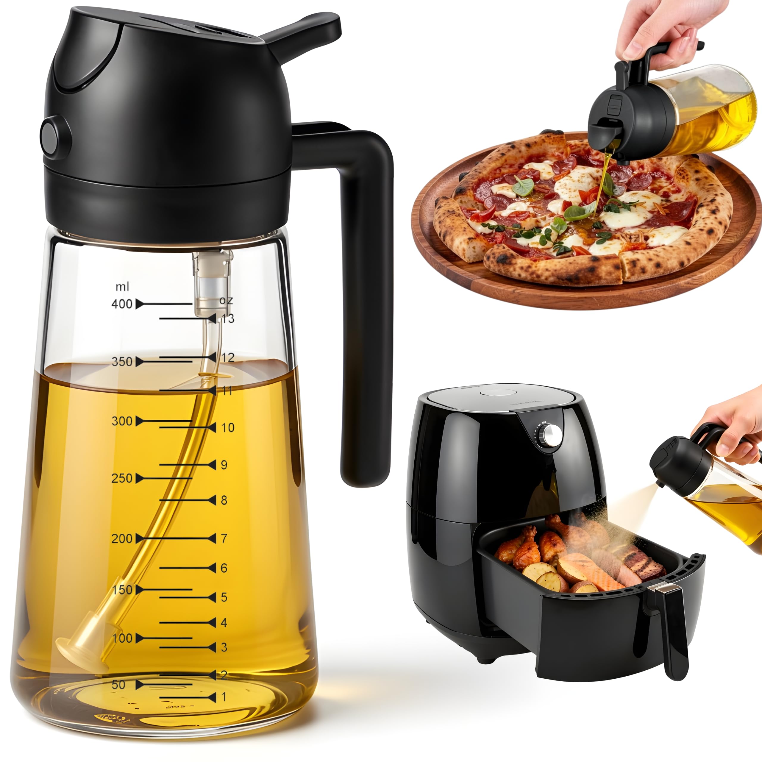 Airpify Glass Olive Oil Sprayer for Cooking 16oz/470ml - Transparent 2 in 1 Glass Oil Sprayer & Dispenser with Scale, Kitchen Ga