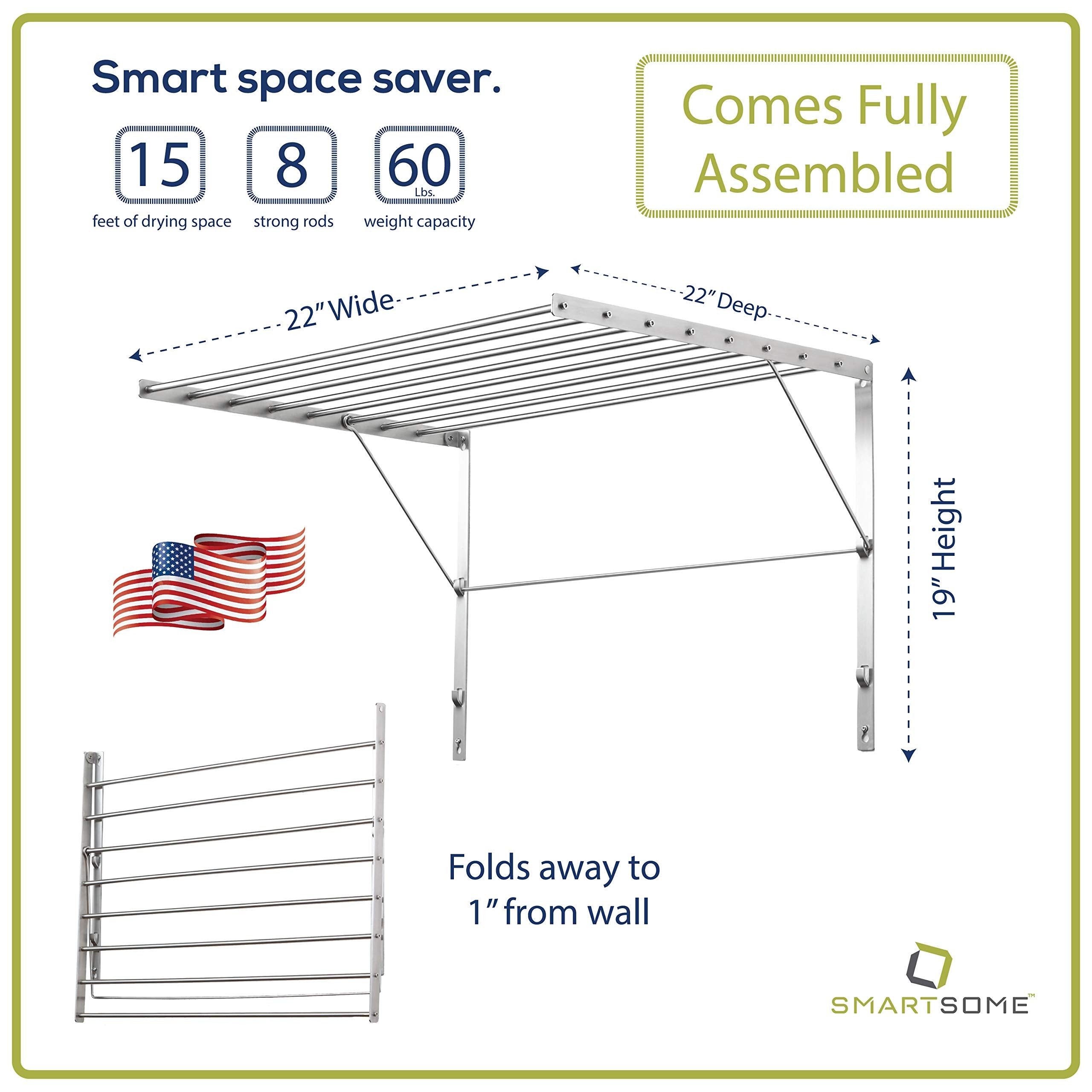 Smartsome | Wall Mounted | Clothes Drying Rack| 22 '' Wide |15 Linear Feet Capacity | 8 Smooth Round Stainless Steel Rods | 60 lb Capacity | Fully Assembled | Compact Sturdy Space-Saving Design