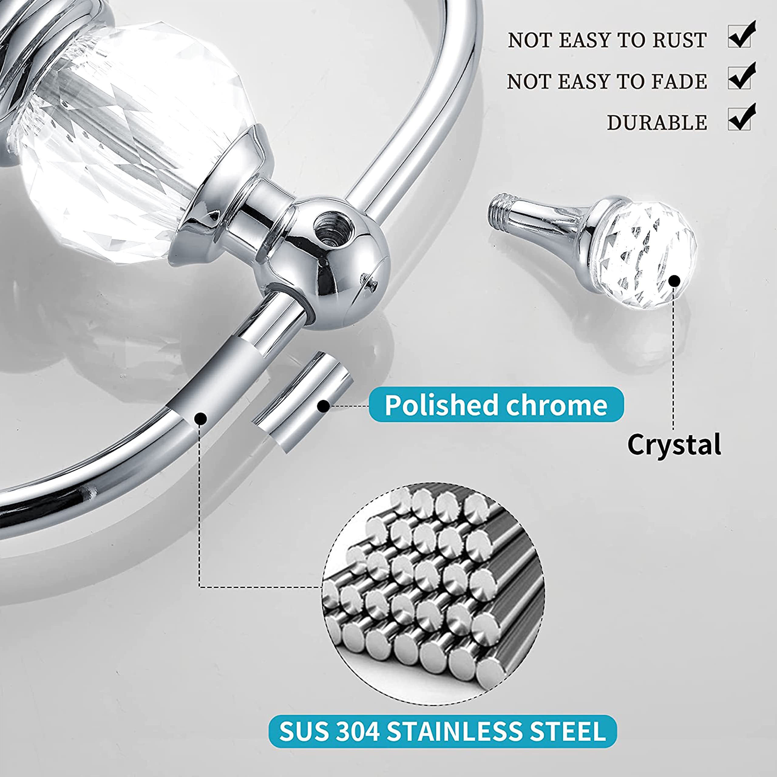 WINCASE Crystal Towel Ring  Chrome Hand Towel Holder  Silver Towel Rack Hanger for Bathroom  Towel Holder Bling Wall Mounted Decorative