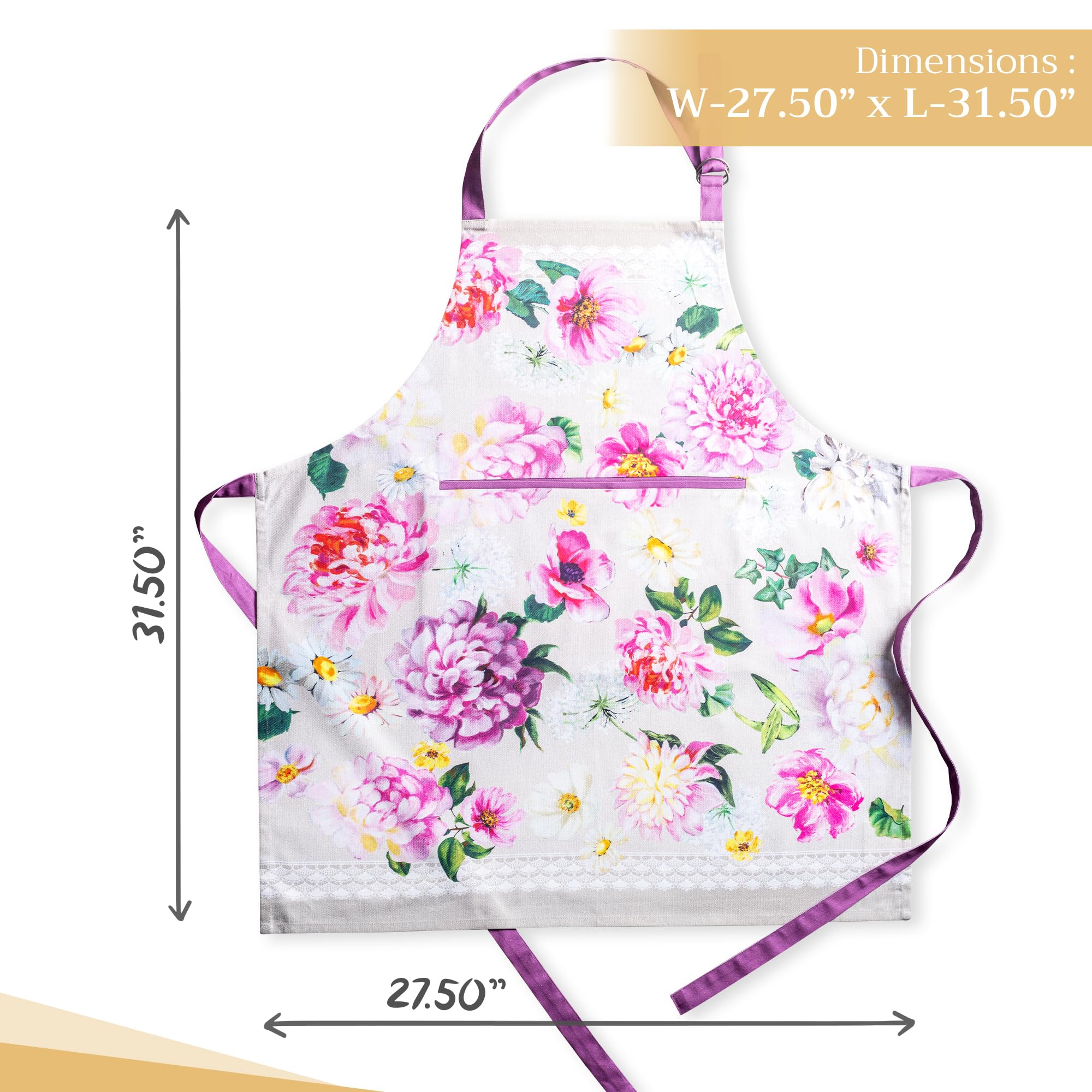 Maison d' Hermine Apron 100% Cotton 27.50''x31.50'' 1 Piece Adjustable Neck Strap Apron with Center Pocket & Long Ties for Gifts  BBQ  Women  Men  Chef & Wedding  Pivoine - Spring/Summer