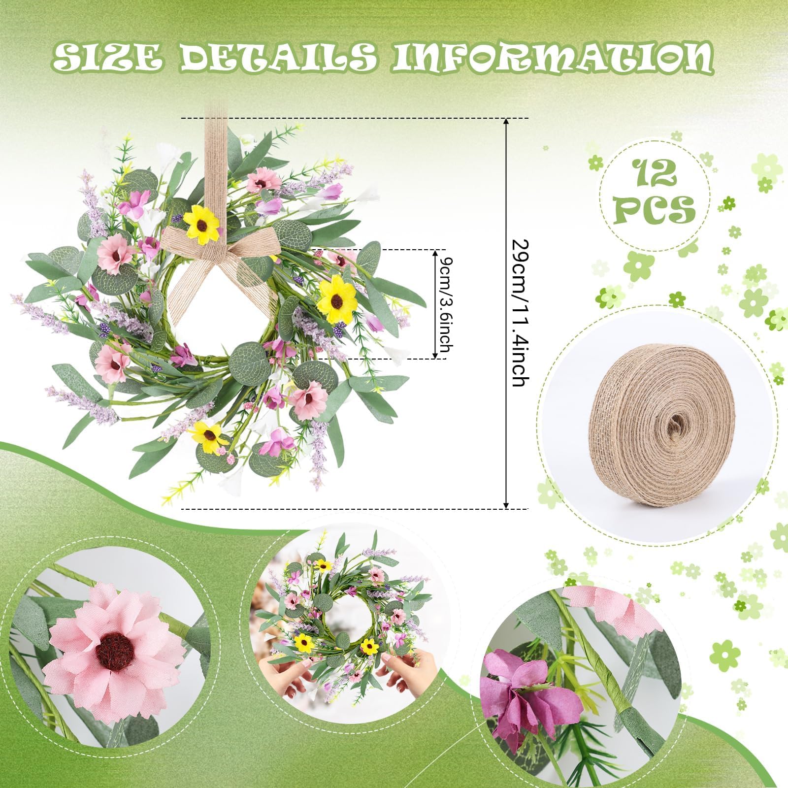 12 Pcs Spring Summer Artificial Flowered Wreath Mini Floral Wedding Candle Rings Wreaths Pillar Candle Holder for Wedding Spring
