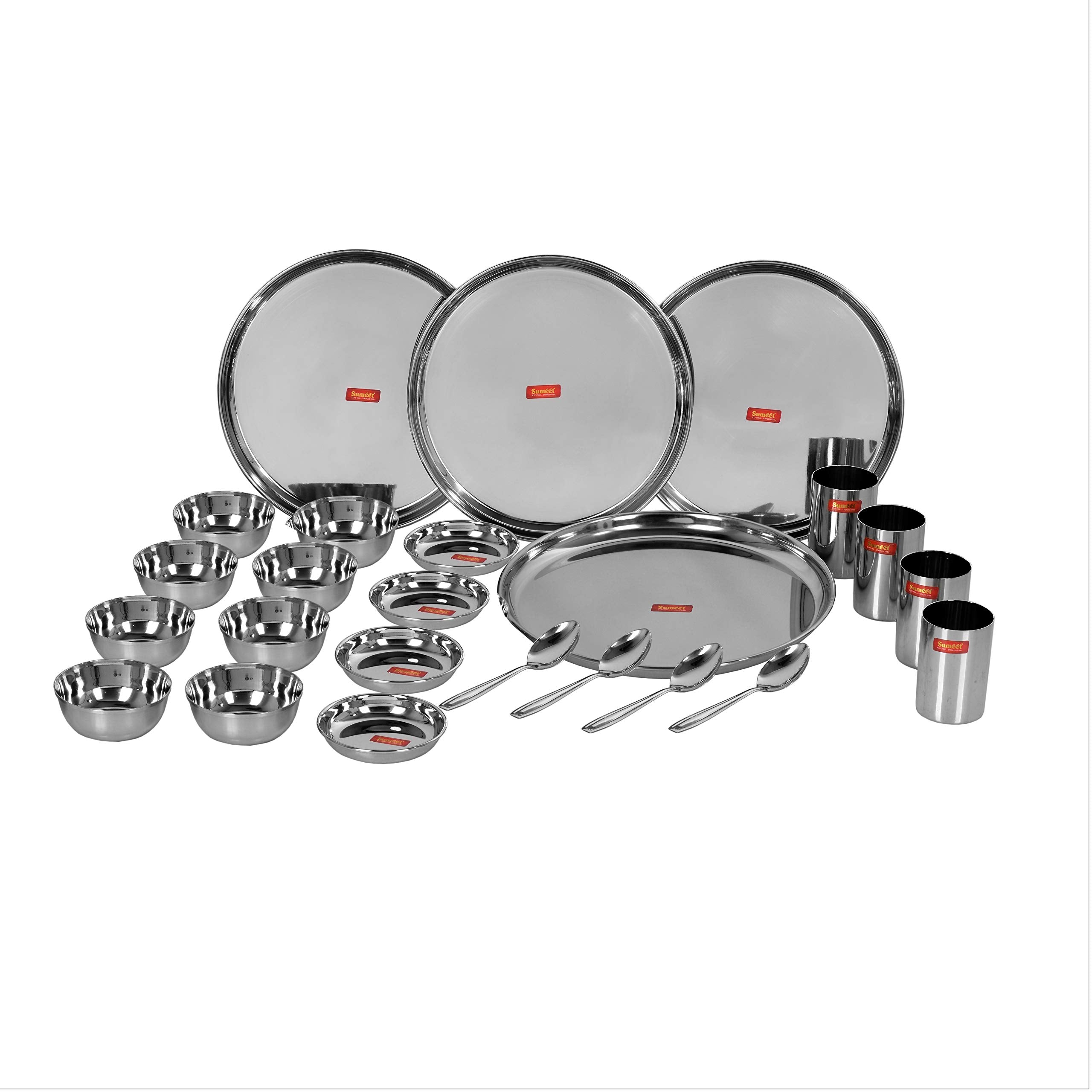 Sumeet Stainless Steel Heavy Gauge Mirror Finish Dinner Set Of 24 Pcs (4 Plate, 4 Small/Halwa Plate, 8 Bowl/Wati, 4 Glass, 4 Spo