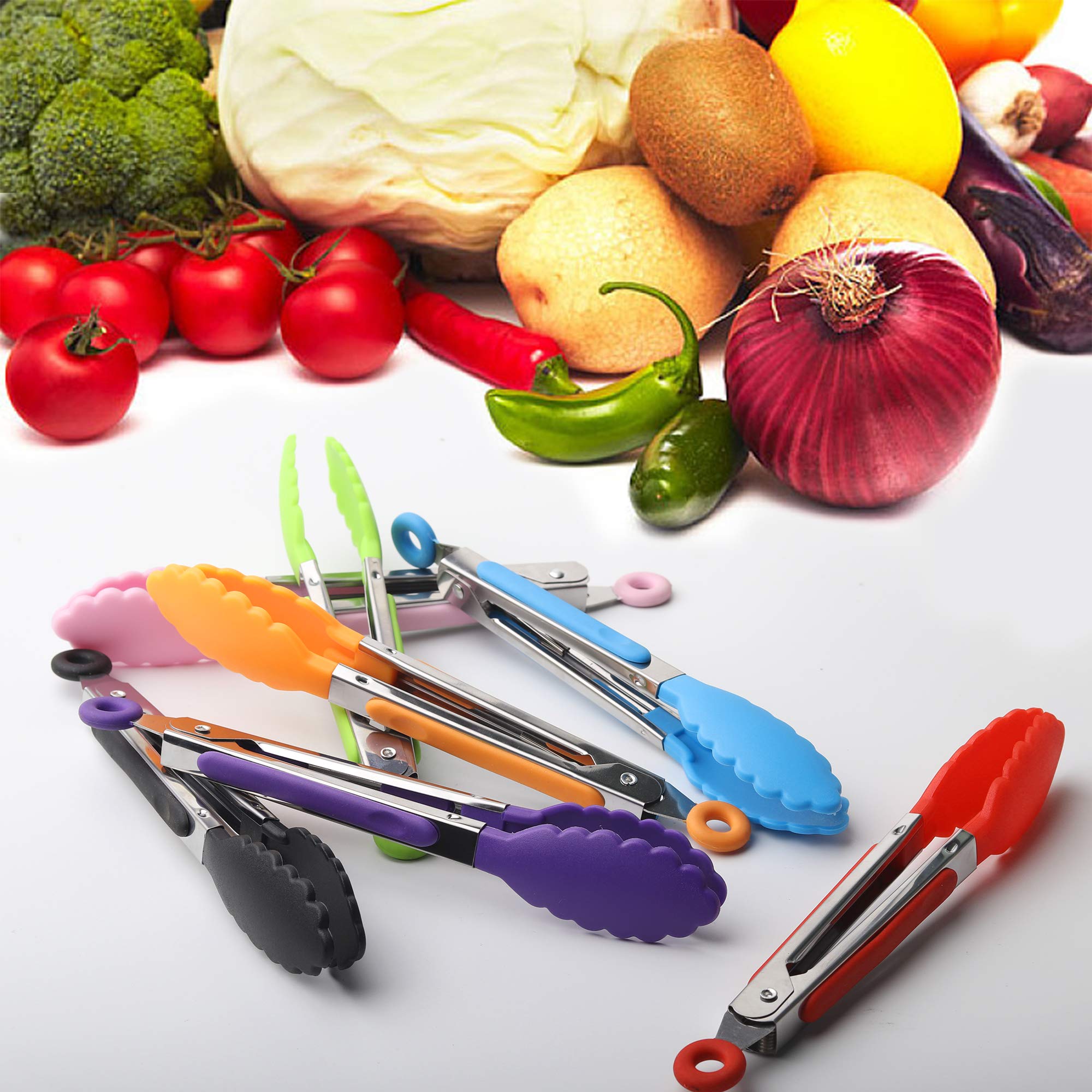 Winning team 7 Pack Kitchen Tongs Set 7-Inch Black Mini Small Food Tongs with Stainless Steel Silicon Handles and Nylon Tips Heat Resistant Tongs for Cooking  Serving  BBQ  Grilling  Salad and More