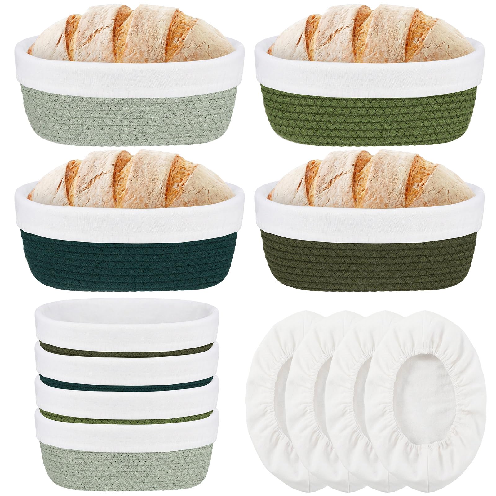 Ferrochef 4 Pcs 10 Inch Cotton Rope Banneton Bread Proofing Basket Set Oval Banneton Basket Sourdough Bread with Liners Covers f