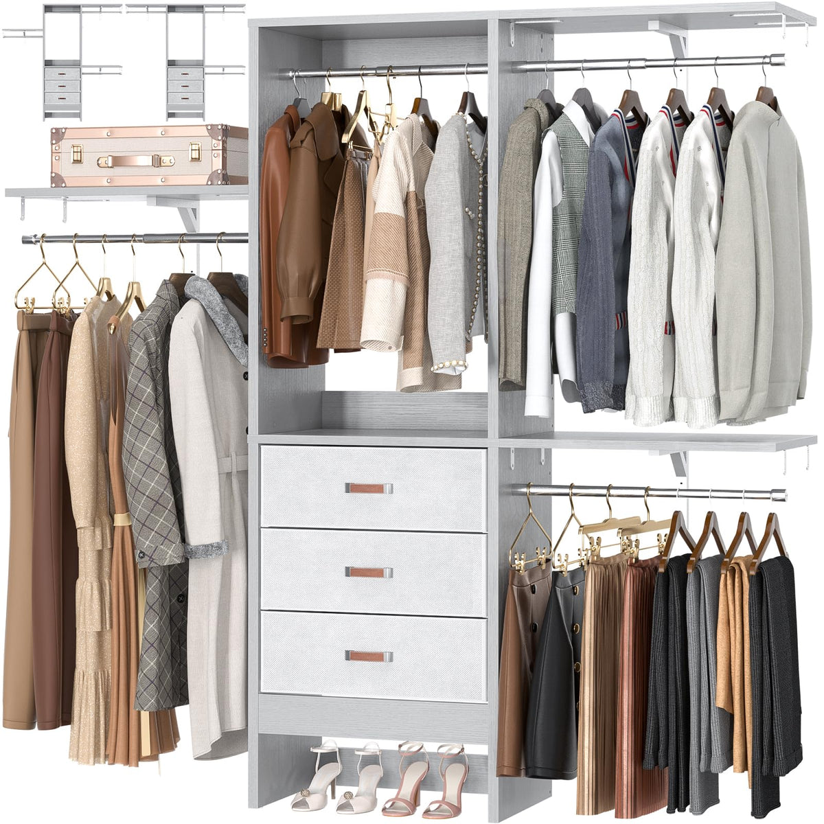 Armocity 5Ft Small Closet System With 3 Fabric Drawers, 60 Inches Walk In Closet Organizer System With 3 Adjustable Shelves, Hea