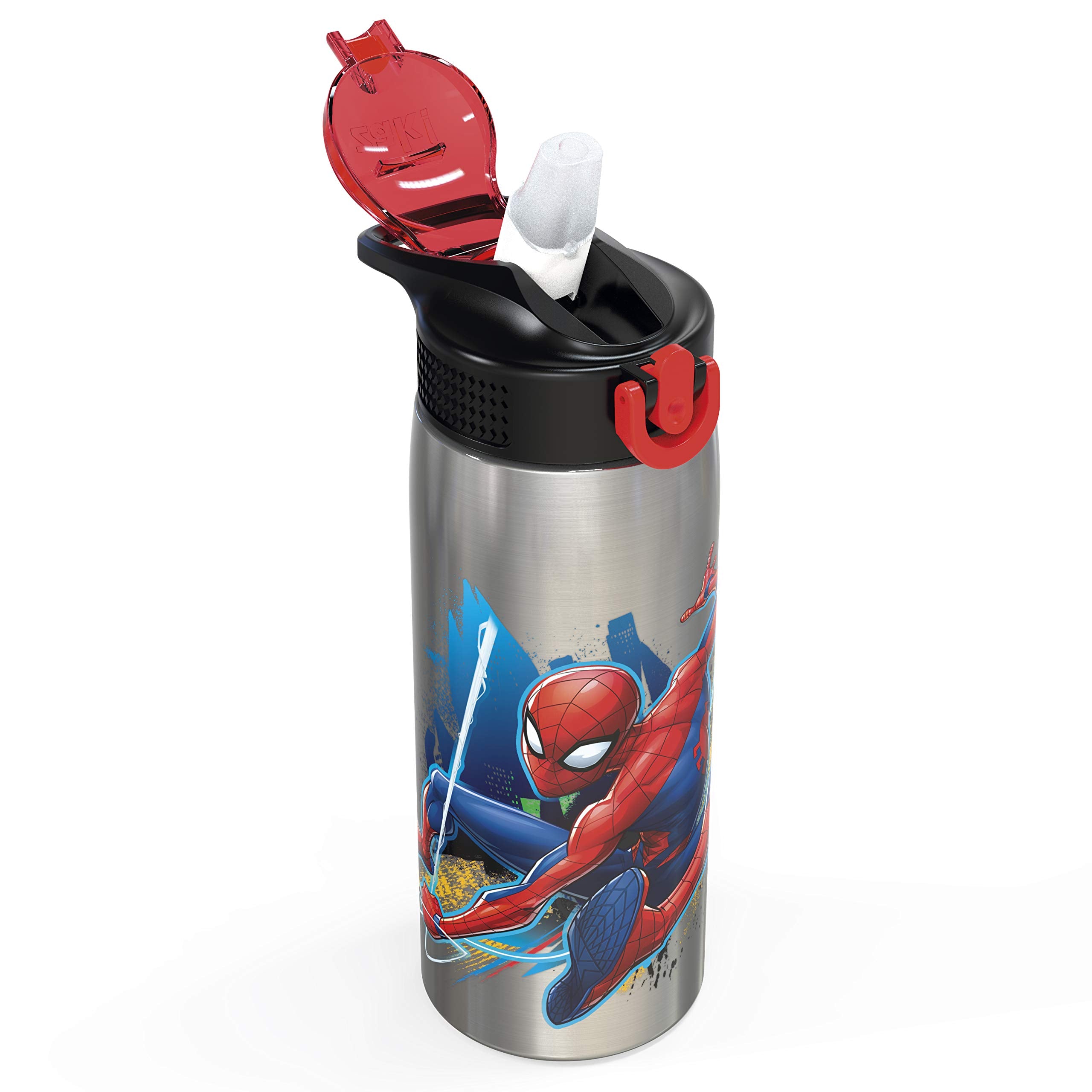 Zak Designs 27Oz Marvel 18/8 Single Wall Stainless Steel Water Bottle With Flip-Up Straw And Locking Spout Cover, Durable Cup Fo