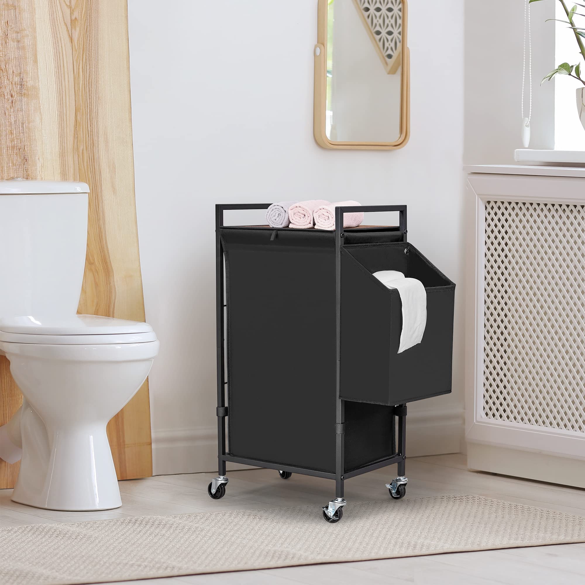 Laundry Hamper With Rustic Brown Lid & Wheels; 96L Large Rolling Laundry Basket With Removable Oxford Liner Bag; Tall Freestandi