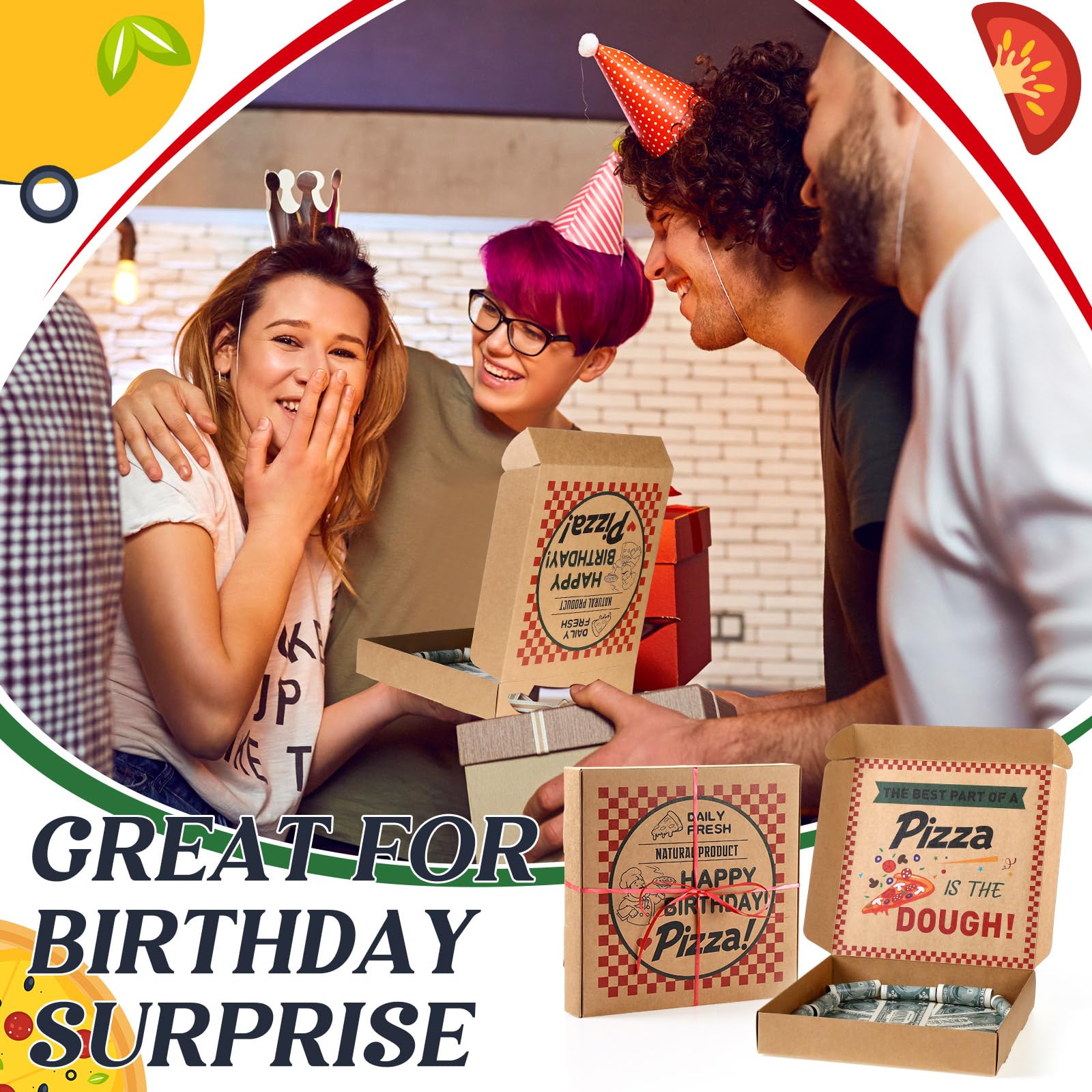Feifeiya 2 Pcs Birthday Pizza Money Box for Cash Gift 10 x 10 Inch Pizza Boxes Money Holder Fun Gift for Surprise Funny Classic