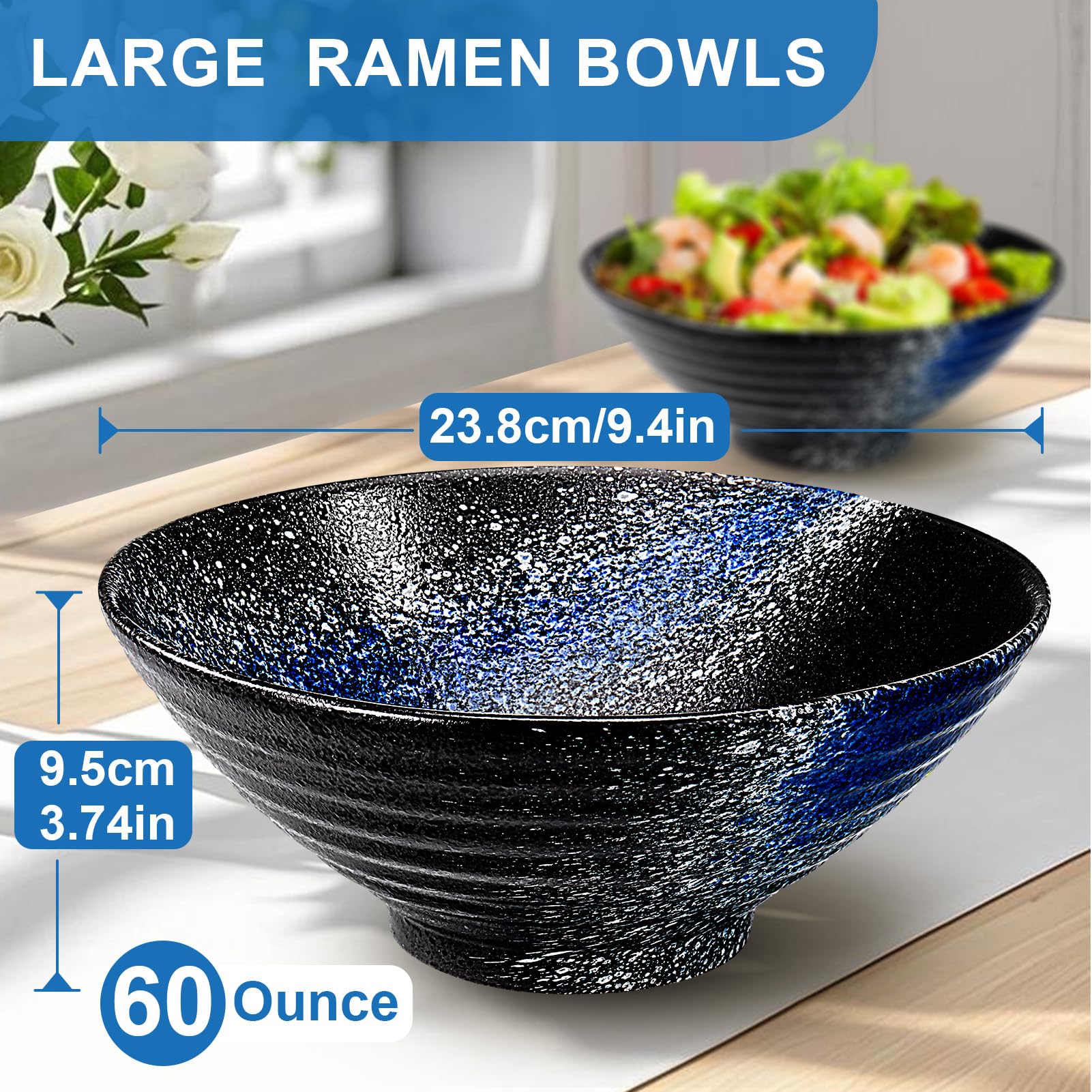 9.4Inch Ceramic Ramen Bowl Set of 2 (9 Piece) - Porcelain Japanese Salad Noodles Cereal Fruit Pasta Soup Large Bowls with Recipe
