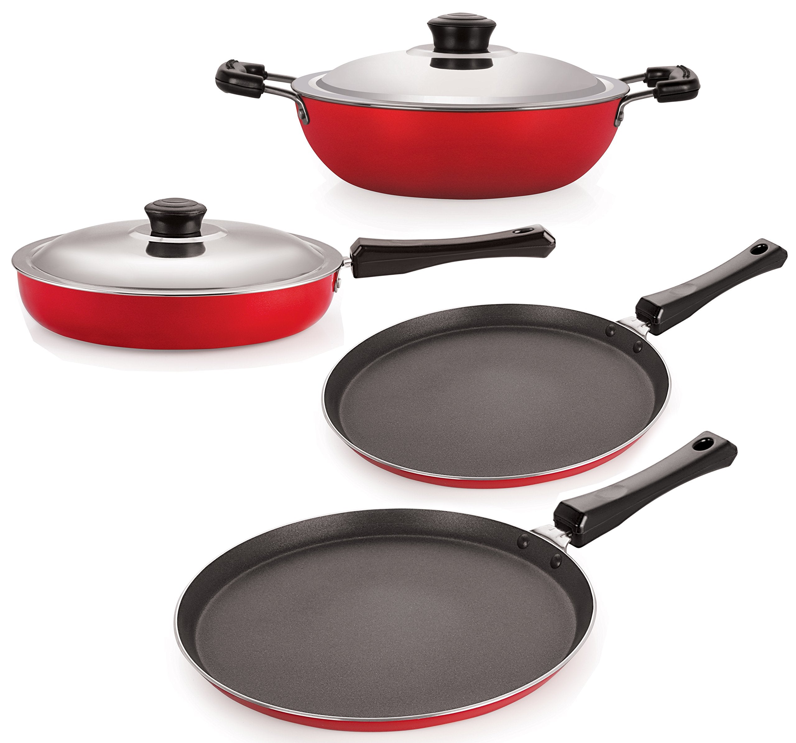 Nirlon NonStick Aluminium Cookware Set, 4Pieces, Red (Ft12_Fp12_Dkdm_Ft11)
