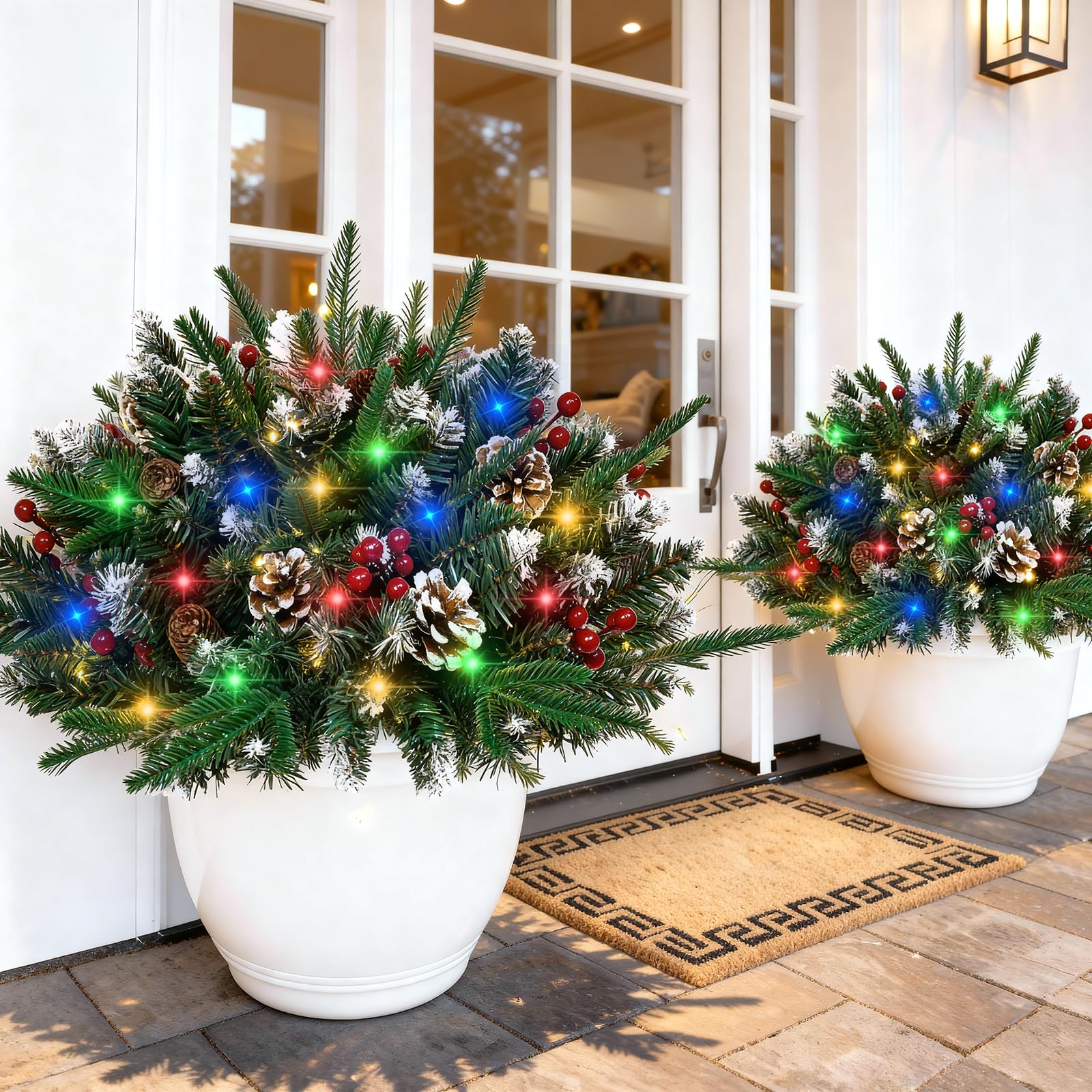 Christmas Urn Filler with Lights, Prelit Christmas Pot Fillers Outdoor Front Porch, Battery Operated Xmas Planters for Front Por