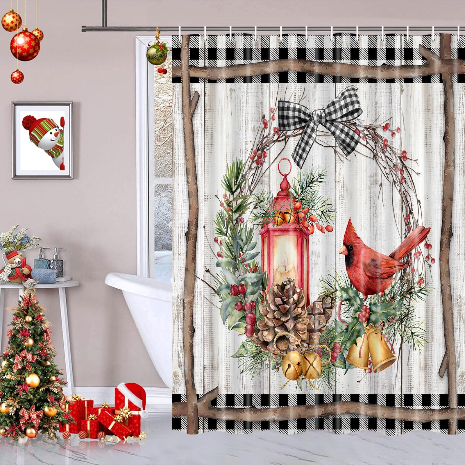 Wathon Rustic Snow Forest Shower Curtain, Snowy Teal Green Countryside Landscape Bath Curtain Christmas Pine Tree Cardinal Deer