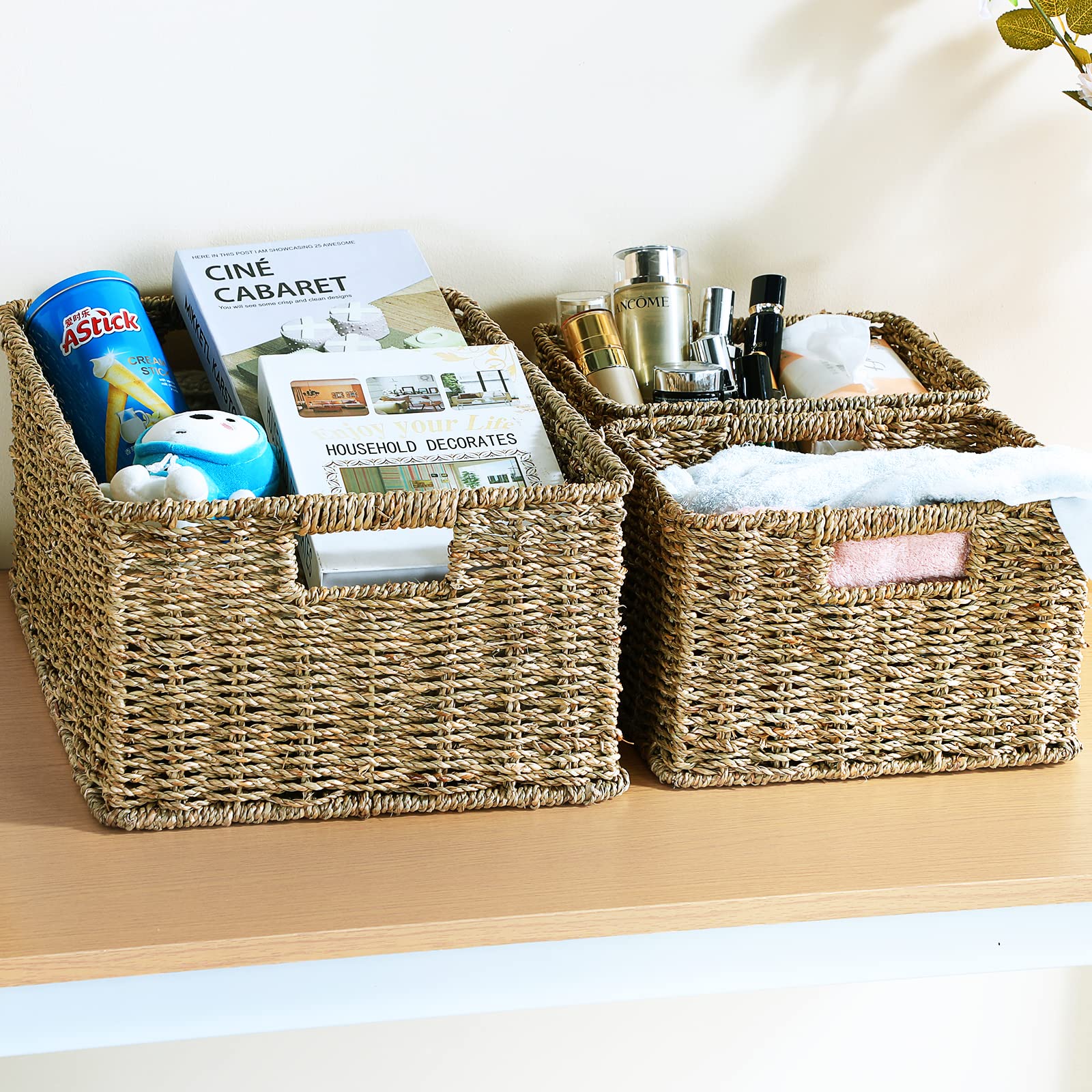 HOONEX Large Wicker Baskets for Storage  Seagrass Baskets with Dual Handles  Woven Baskets for Storage  Set of 3  Natural