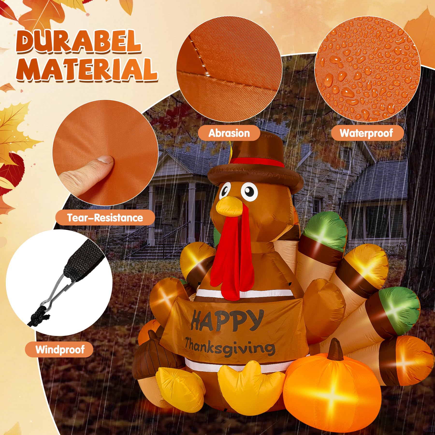 Loninak 6 Ft Thanksgiving Inflatable Decoration, Happy Thanksgiving Turkey Built-in LED Lights, Outdoor Blow Up Yard Fun Decor,