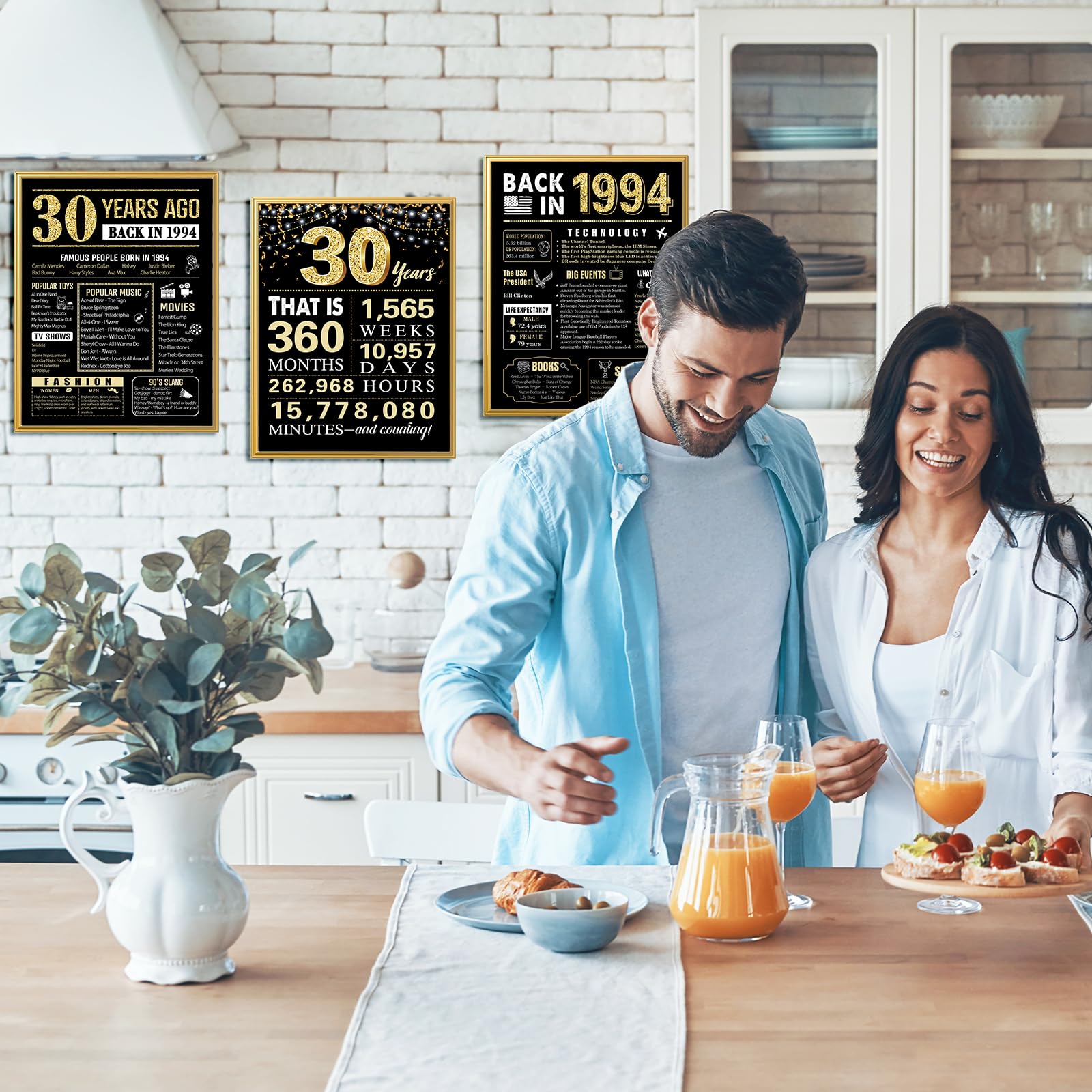 30 Years Ago 30th Birthday Wedding Anniversary Poster 3 Pieces 11 x 14 90s Party Decorations Supplies Large Sign Home Decor Black & Gold Wall Art Prints for Men and Women (Back in 1994-30 Years)