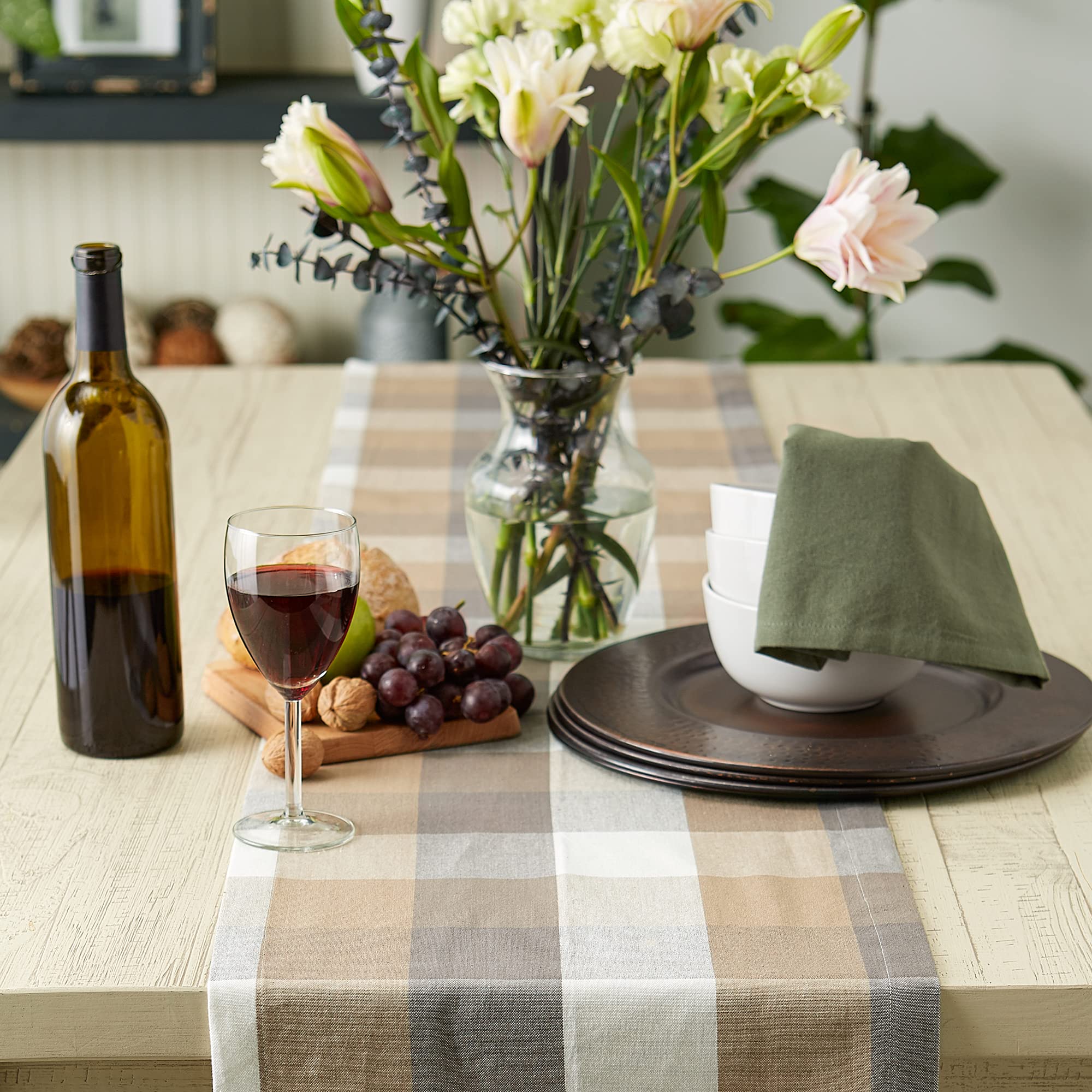 Dii Tri-Color Check Collection 100% Cotton Tabletop, Table Runner, 14X108, Stone