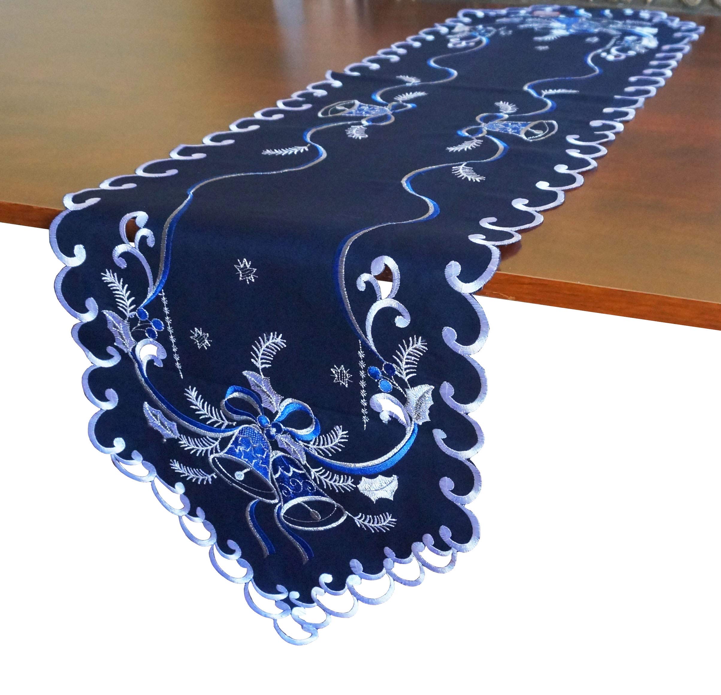 Granddeco Holiday Christmas Table Runner 13''X34'', Cutwork Embroidered Floral Christmas Blue Bells Dresser Scarf Table Topper F