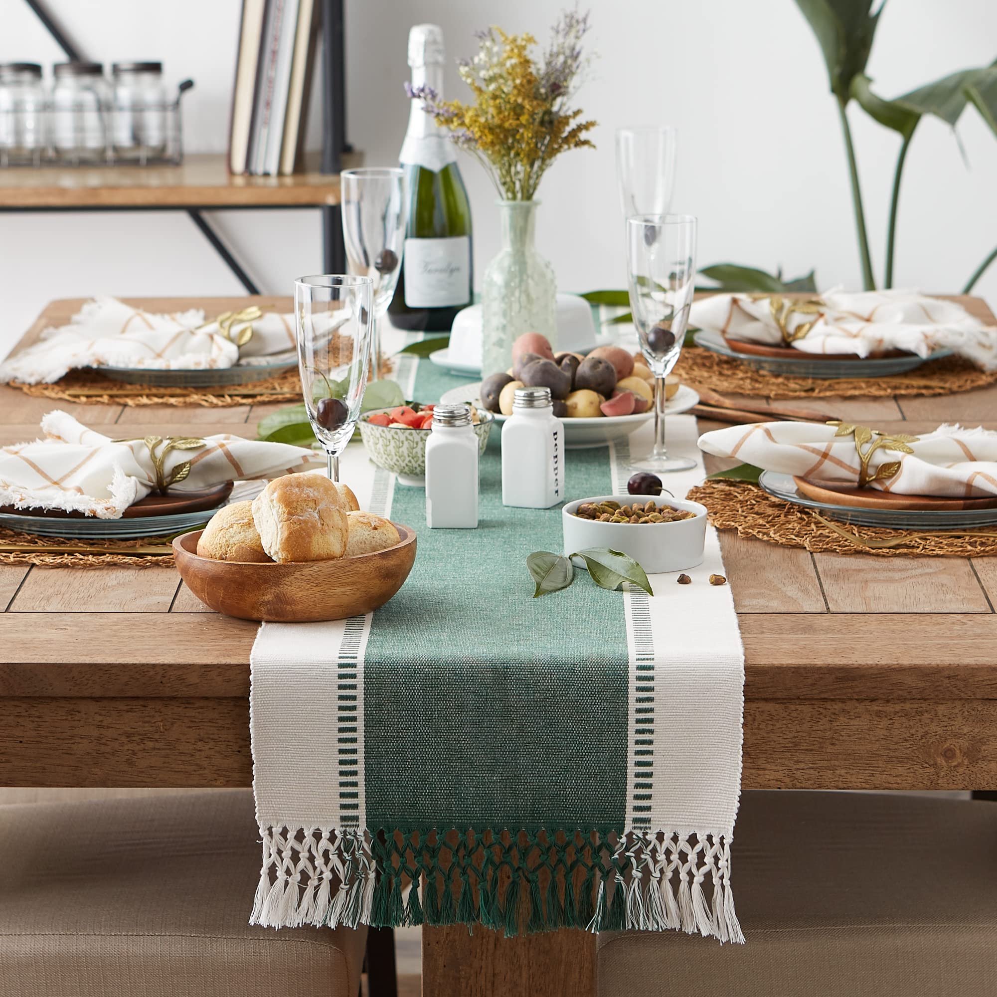 Dii Dobby Stripe Woven Table Runner, 13X72 (13X77.5, Fringe Included), Dark Green