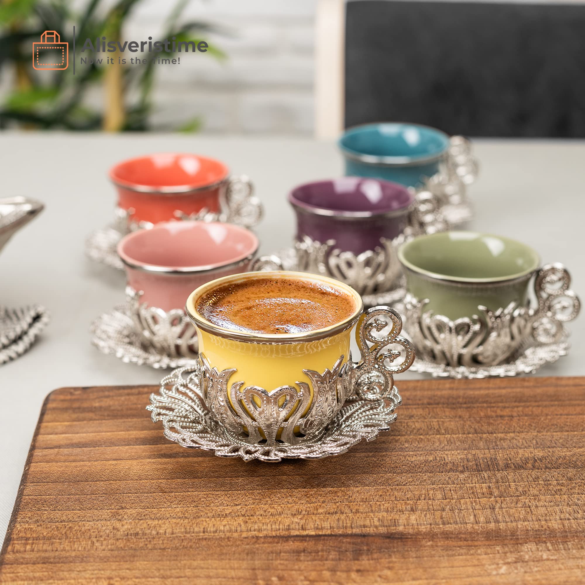 Alisveristime 12 Pc Turkish Greek Arabic Coffee Espresso Cup Saucer Porcelain Set (Gold Mix Color)