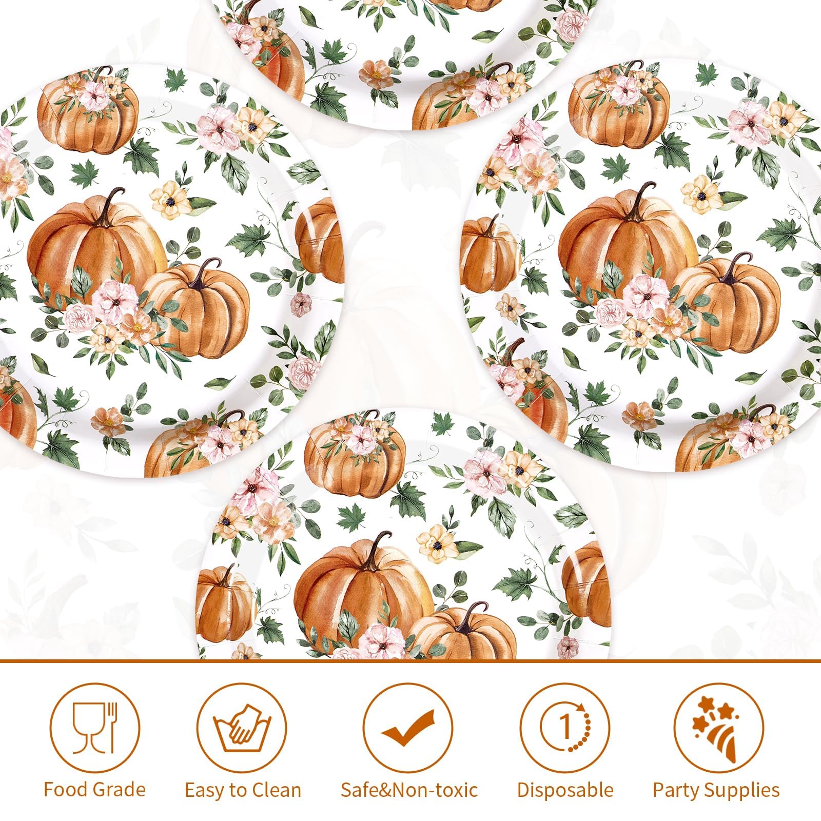 Grencian 50Pcs Fall Pumpkin Paper Plates 9 Pink Floral Pumpkin Party Plates Watercolor Disposable Autumn Paper Platter for Harve