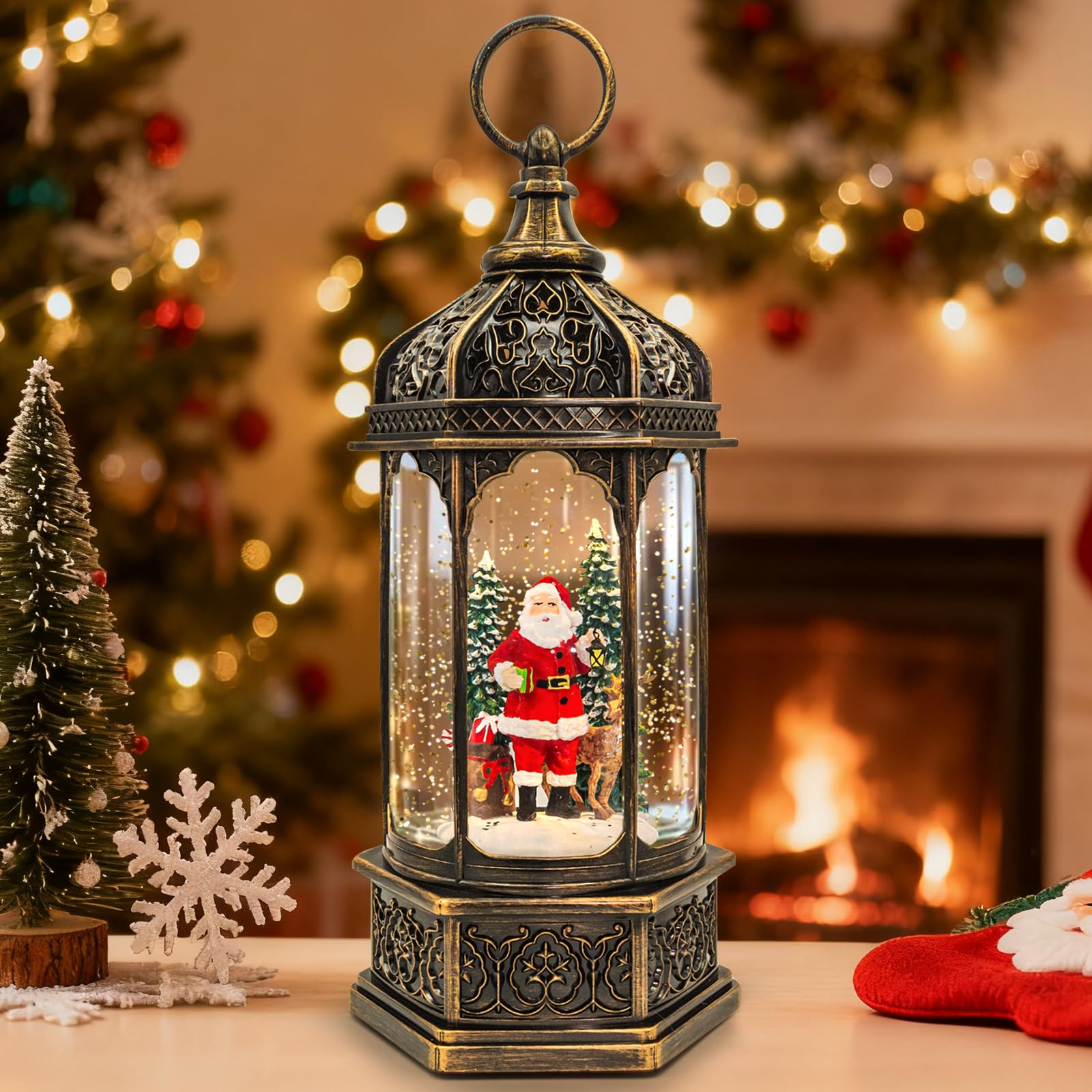 Christmas Snow Globes Lantern, Santa Claus & Deer Christmas Decorations Indoor, 6H Timer Battery & USB Powered Light Up Musical 