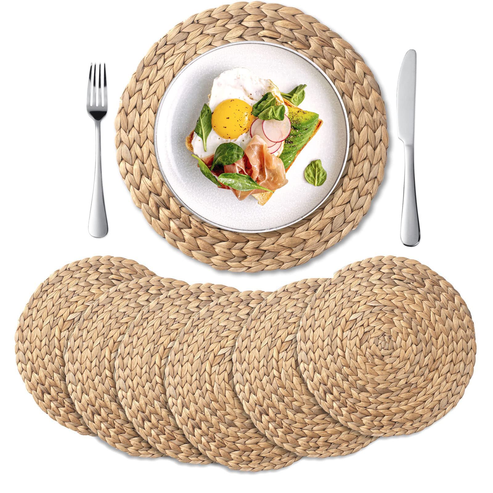 Yangqihome 6 Pack, Round Woven Placemats, Natural Water Hyacinth Wicker Place Mats, Braided Straw Table Mats For Dining Table, F