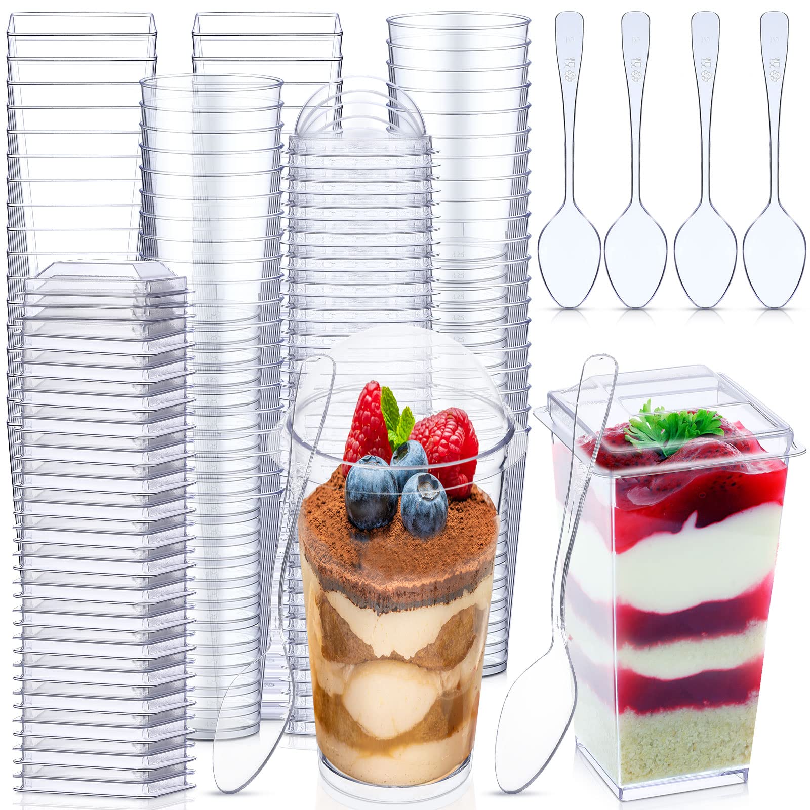Nuogo 3 Oz Mini Dessert Cups With Lids And Spoons Dessert Cups Clear Plastic Shooter Cups Square Parfait Cups With Lids Round Di