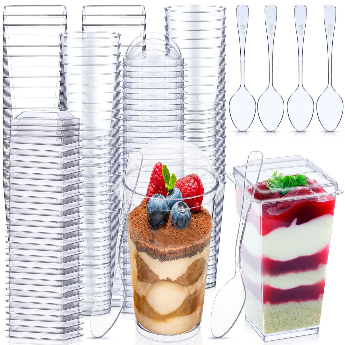 Nuogo 3 Oz Mini Dessert Cups With Lids And Spoons Dessert Cups Clear Plastic Shooter Cups Square Parfait Cups With Lids Round Di