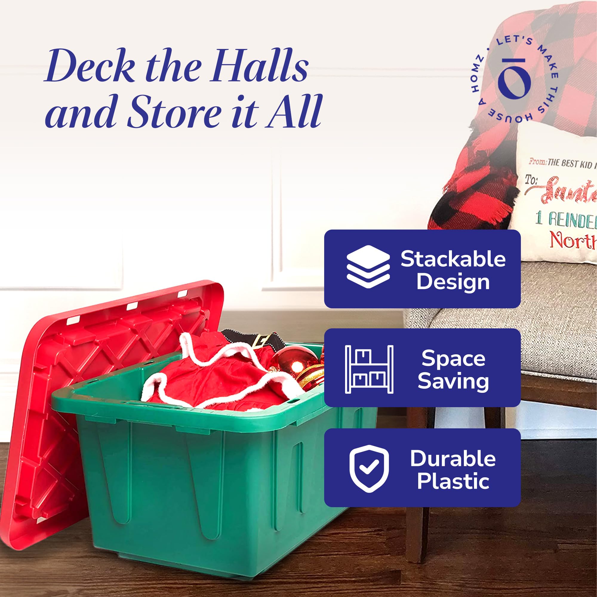 Homz 4-Pack Durabilt, Heavy Duty Plastic Storage Bins With Lids, 15 Gallon, Green/Red
