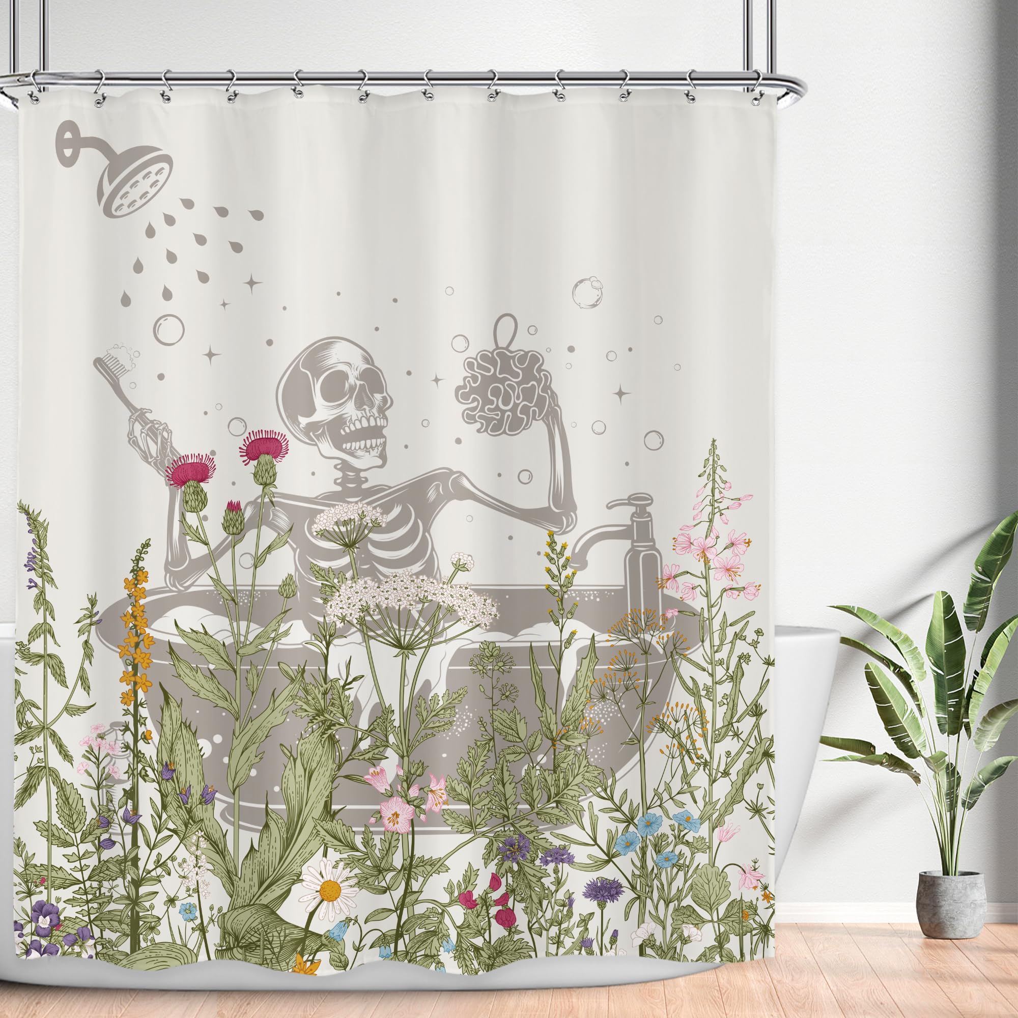 Lghtyro Funny Skull Halloween Wildflower Shower Curtain Bathroom Set 60Wx71H Inches Gothic Skeleton Floral Rustic Leaves In Bath