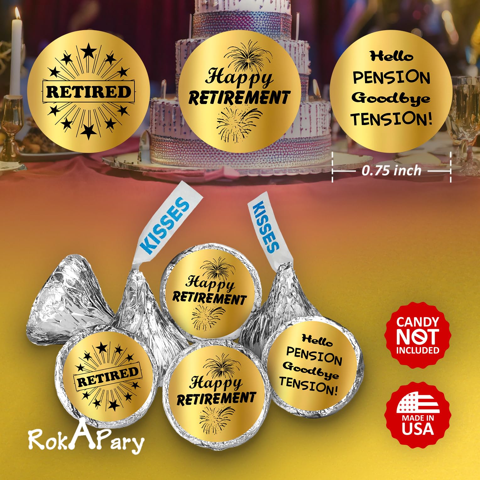 Gold Foil Retirement Kisses Stickers  (Set of 216) Chocolate Drops Labels Stickers for Happy Retirement Party  Party Favors Decor for Kisses