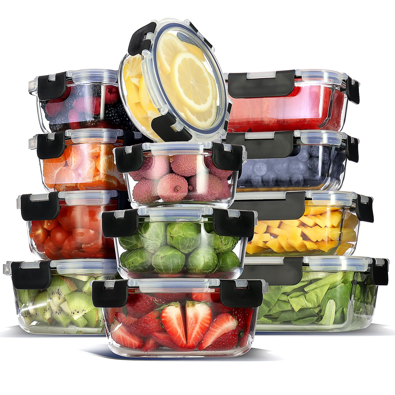 Eatex 6 Pack Glass Meal Prep Containers With Grooved Base, 6 Stackable Bpa Free Glass Storage Containers With Lids For Lunch, Pa