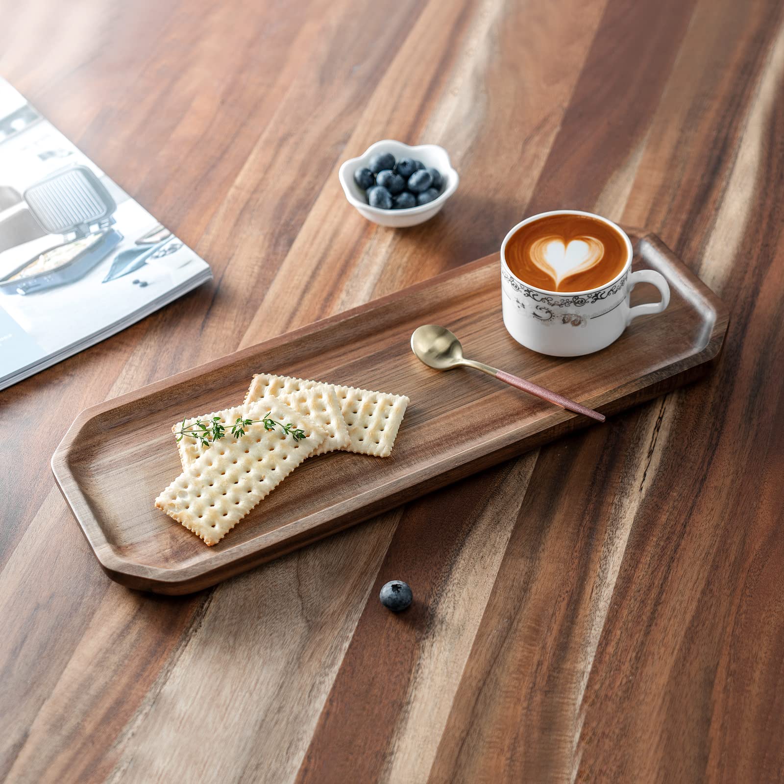 Set Of 2 Solid Acacia Wood Serving Trays 16'' And 12'' Rectangular Wooden Serving Platters For Dessert, Food, Vegetables, Fruit,