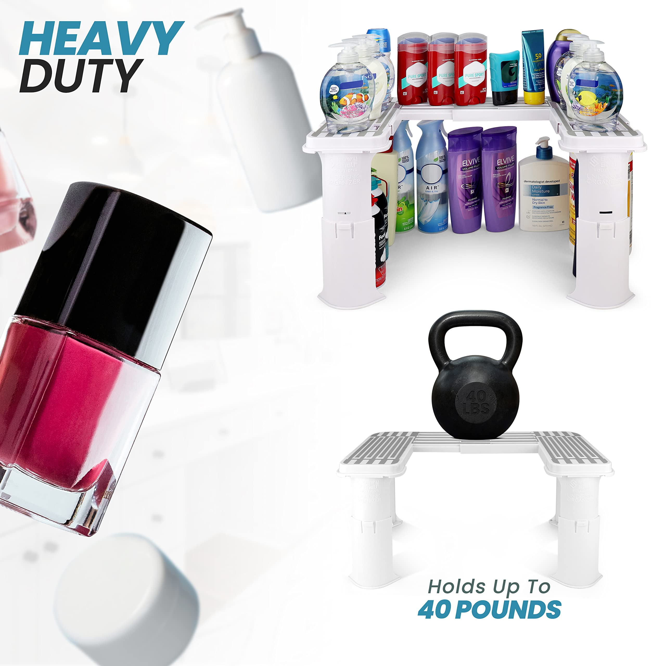 Spicy Shelf Expandable Under Sink Organizer - Plastic, White, 15.5"x2.5"x10", Model: SpicyShelf_09.10.20_2, Ideal for Bathroom