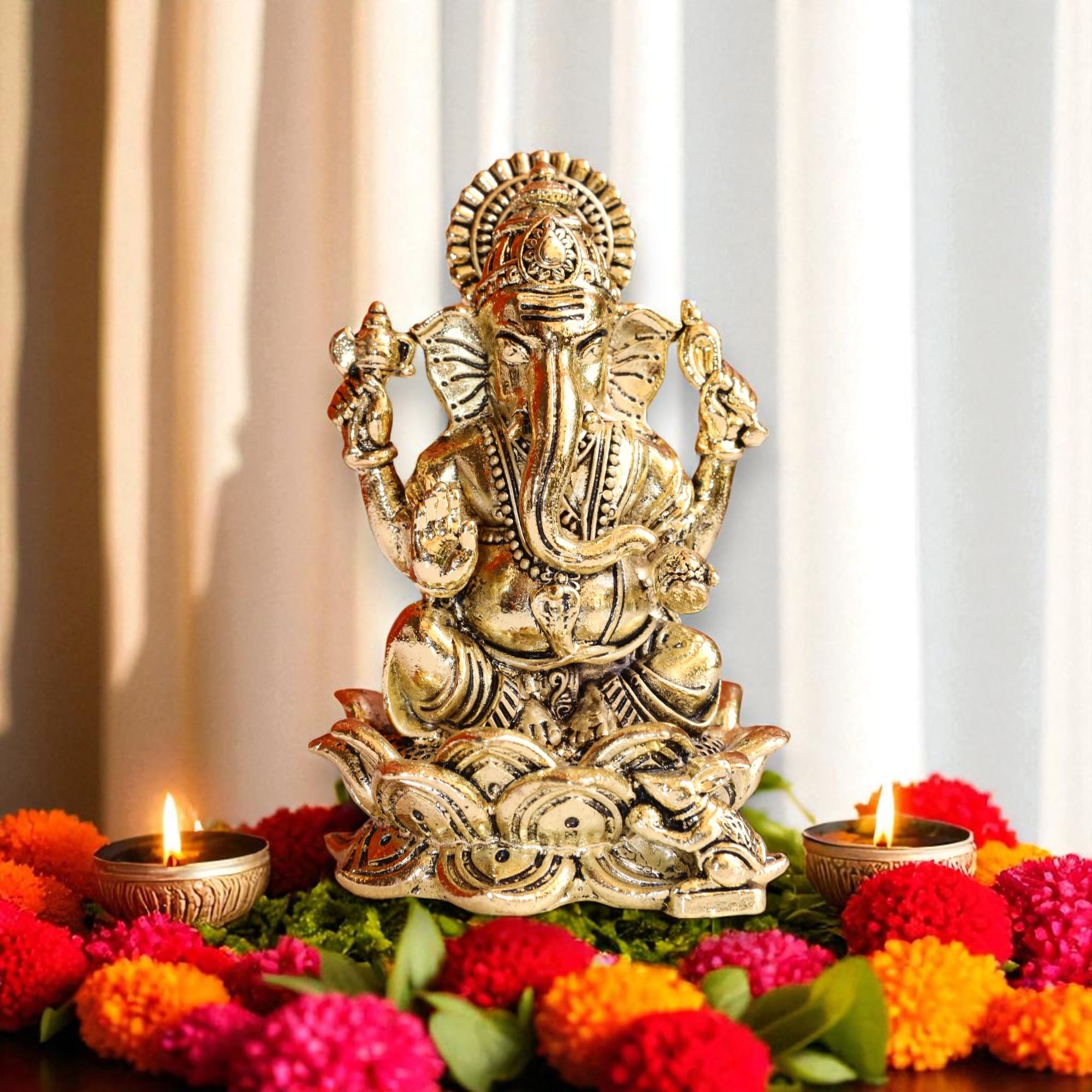 Raisom Antique Finish Pure Brass Ganesh Idol Sitting On Lotus | Mangalkari Ganapati God For Home Decor, Daily Use, Gifting, Hous