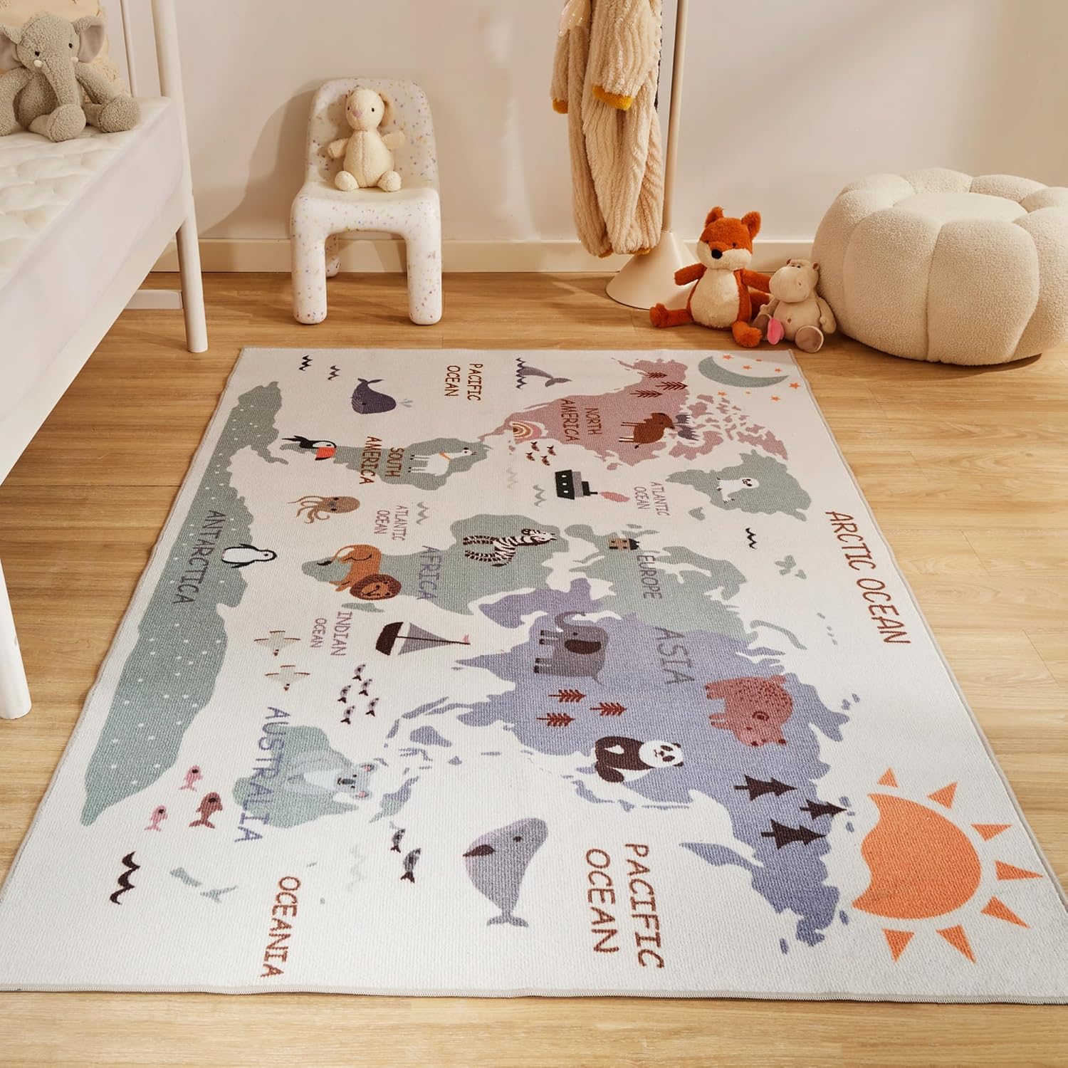 Machine Washable Non Slip Kids Rugs for Living Room & Bedroom - Animal Map