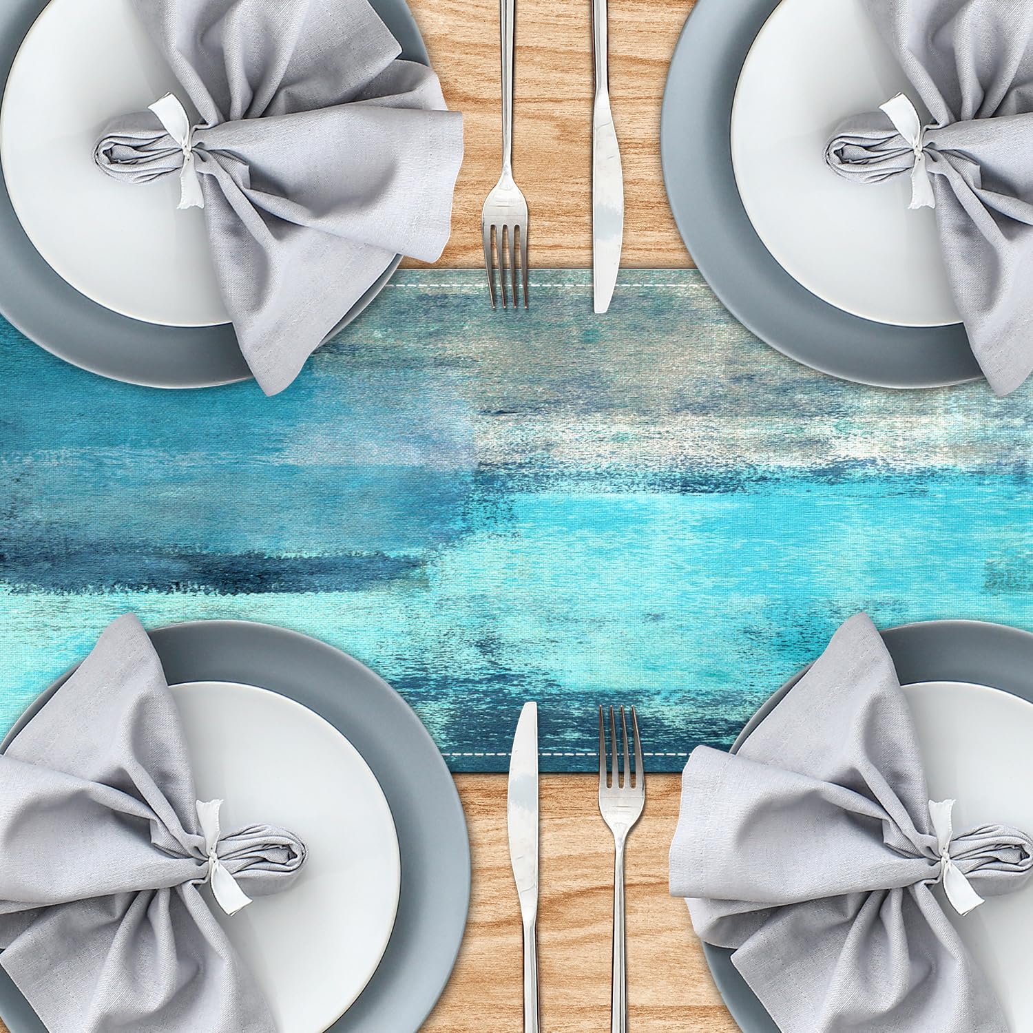 Teal Grey Table Runners Modern Art Farmhouse Linen Table Runners Dresser Scarves Retro Rustic Style for Party Kitchen Dining Tab