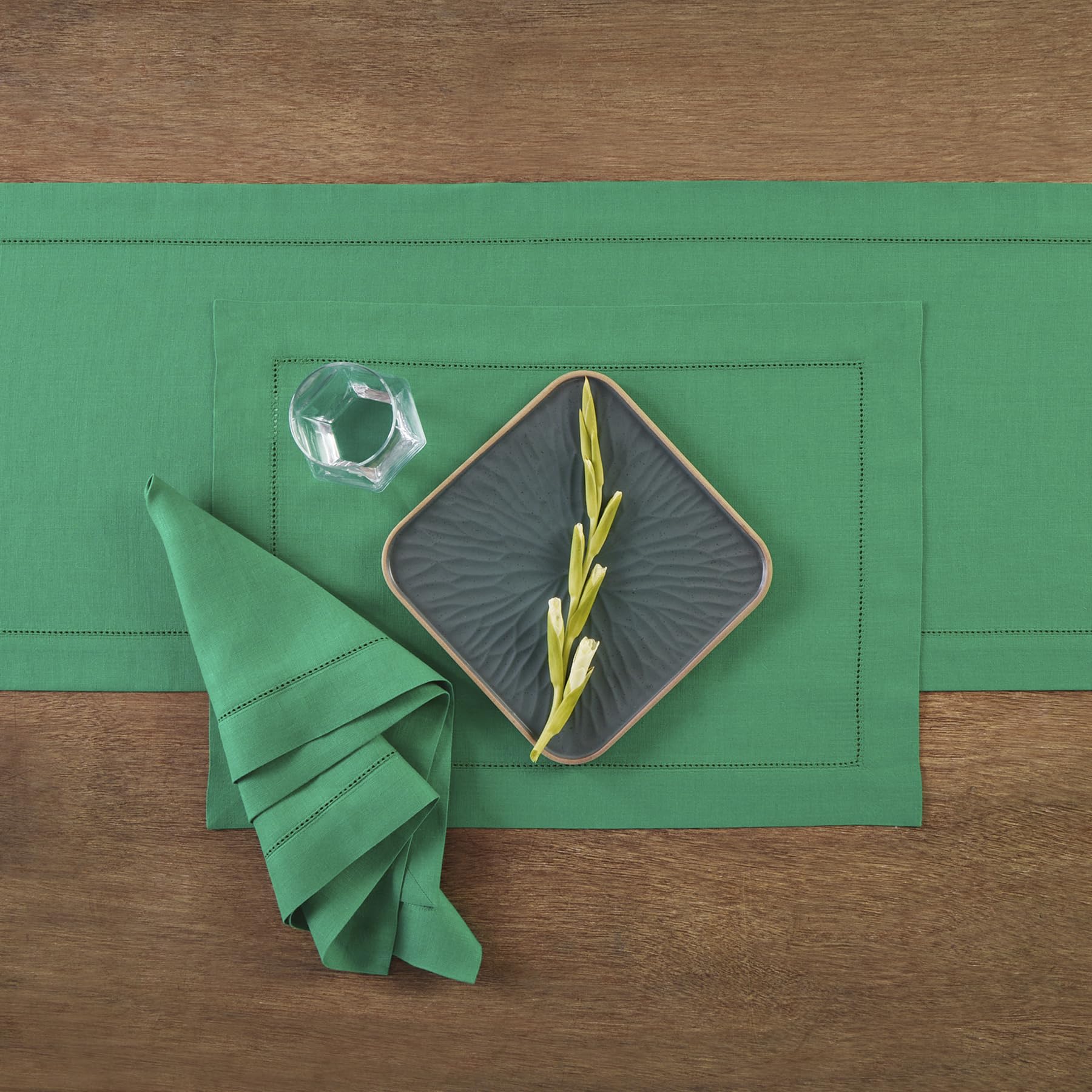 Solino Home Emerald Green Linen Table Runner 108 Inches Long - 100% Pure Linen Classic Hemstitch Table Runner 14 X 108 Inch - Ma