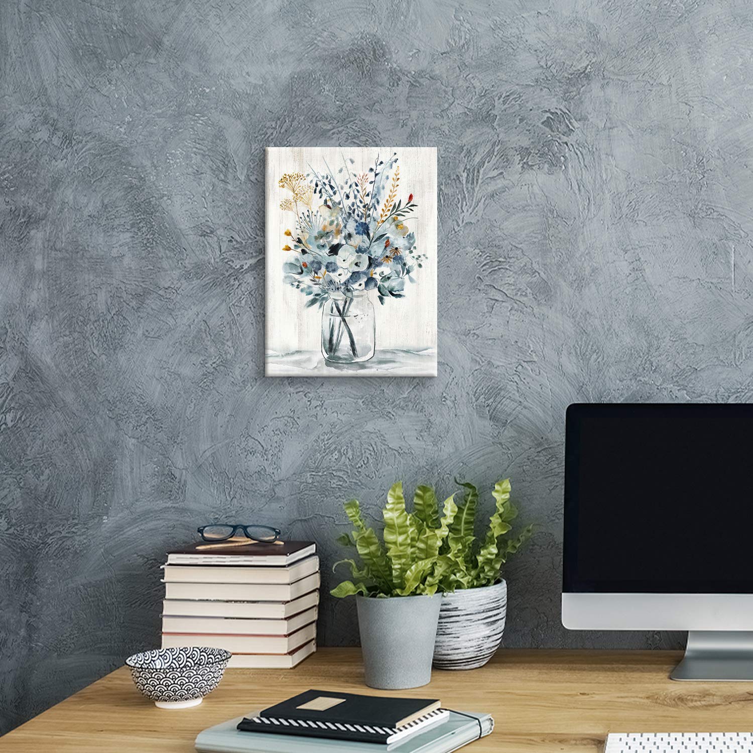 Abstract Flower Print Wall Art: Botanical Flower Bouquet In Crystal Vase Picture Picture On Wrapped Canvas For Dining Room (12 '