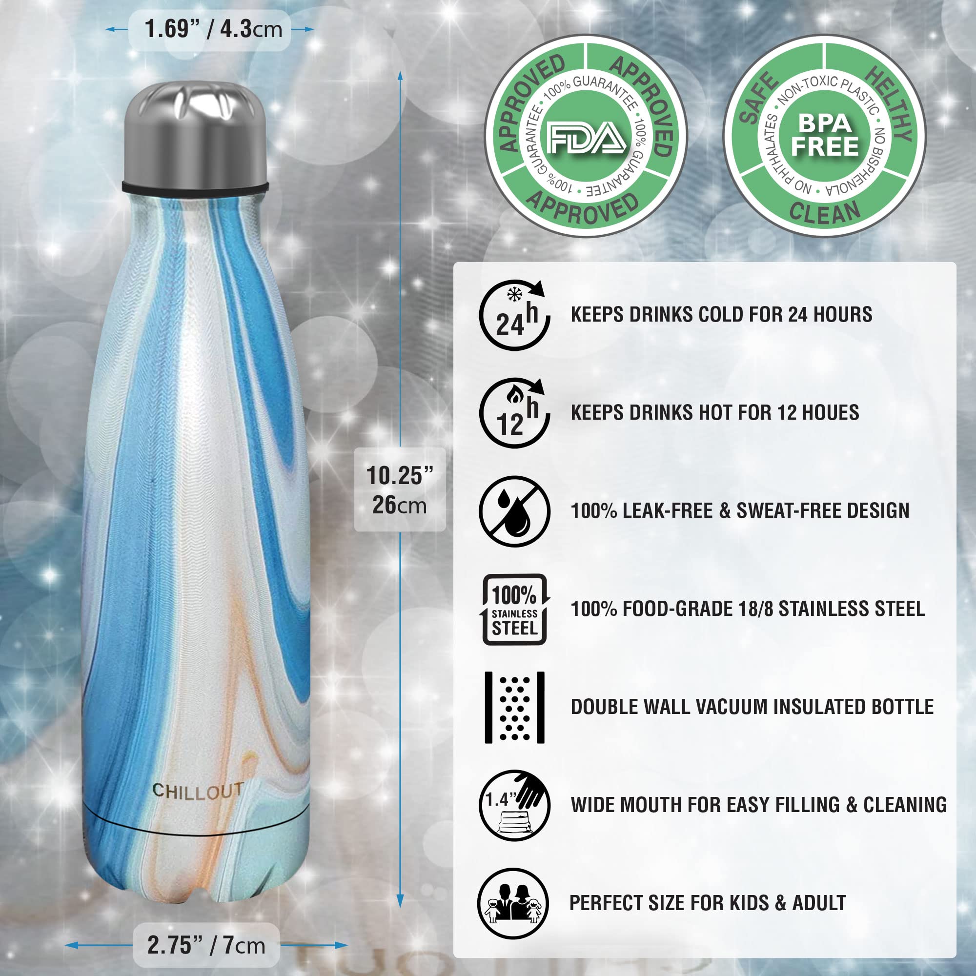 CHILLOUT LIFE Stainless Steel Water Bottle - 17 oz Double Wall Insulated, Ocean Marble, BPA Free, Perfect for Cold & Warm Drinks