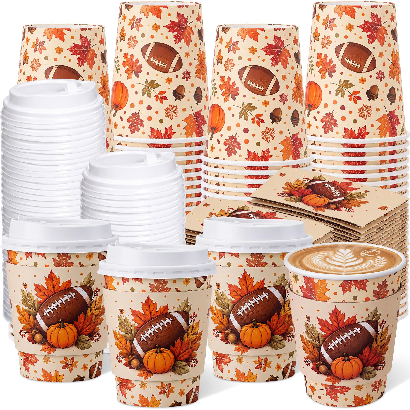 Mimorou 48 Sets 8 oz Fall Football Coffee Cups with Lids and Sleeves