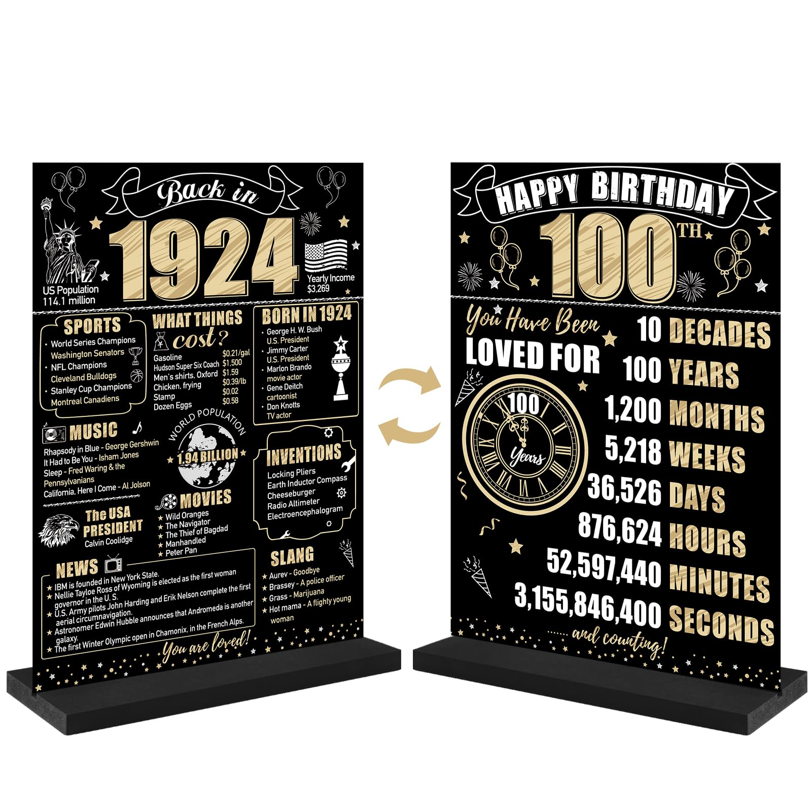 Eiurteao 100Th Birthday Decorations Back In 1924 Table Sign For Men Women, Black Gold Happy 100 Bday Two-Sided Wooden Table Post