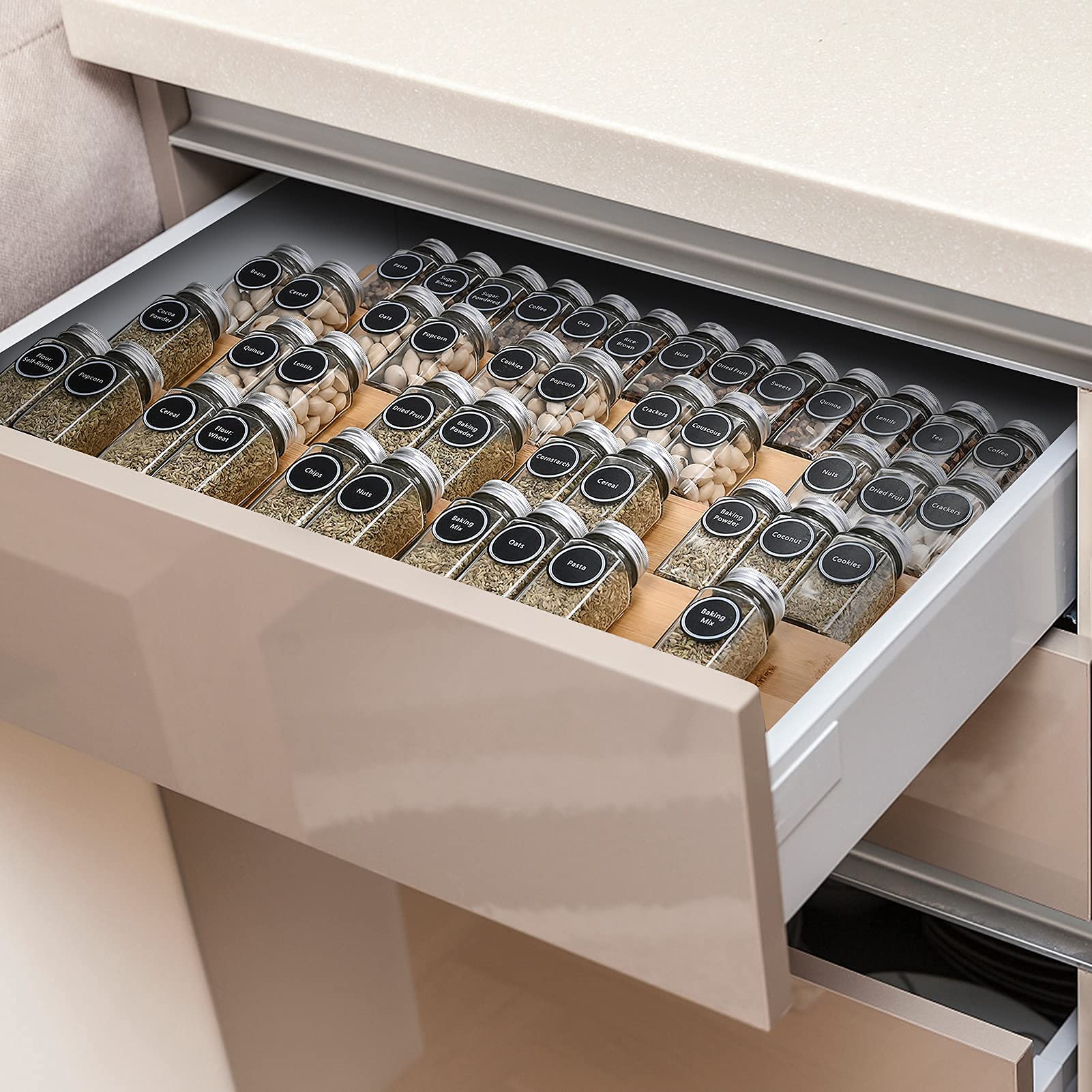 Delavala 4 Tier Spice Rack Drawer Organizer For Kitchen Cabinets | Wooden Spicedrawer Organizer, SpaceSaving Kitchendrawer Orga